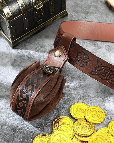 Miniatura 6 de Leifide 2 unidades de cinturón vikingo medieval renacentista, bolsa de cuero medieval para cinturón de cinturón en relieve, accesorios de disfraz
