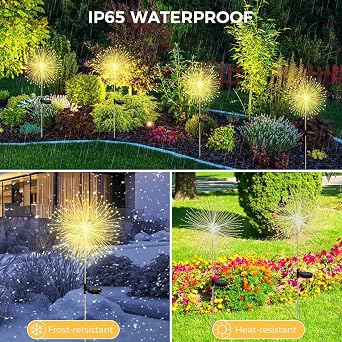 CNMTCCO Solar Lights Outdoor Garden 2 Pack, 120 LED Firework Starburst Stake Lights, Upgraded Waterproof Solar Garden Lights with 8 Modes, Warm White Decorative Pathway Lighting for Patio and Parties [Energy Class A]