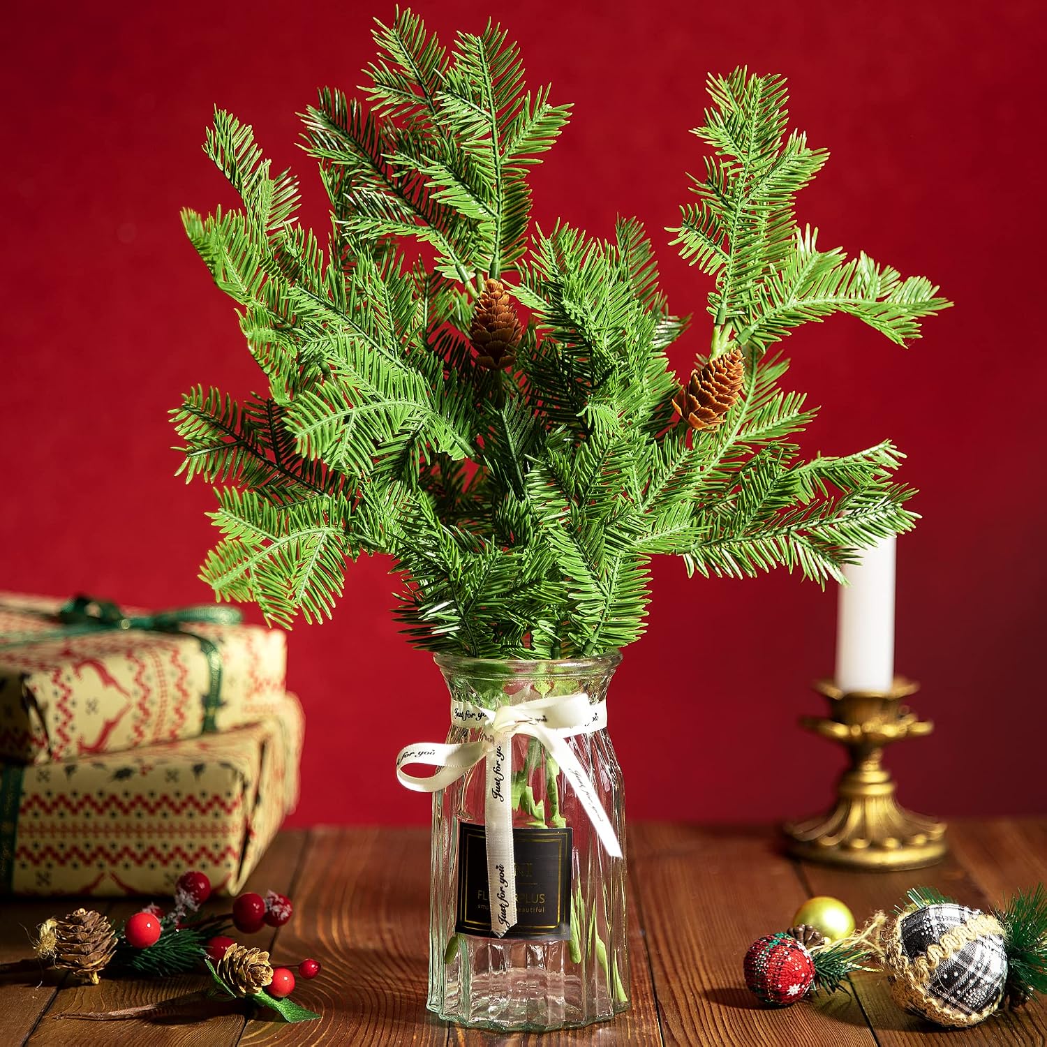 Watayo 8 PCS Large Artificial Pine Needles Branches-16x7 Inch Christmas Fake Greenery Pine Picks with Pinecone-Faux Pine Leaves Sprigs for Craft DIY Christmas Garland Wreath and Home Garden Decoration