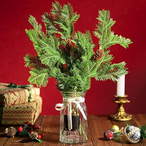 Miniatura 3 de Watayo 4 agujas de pino artificiales grandes, ramas de 16 x 7 pulgadas, palillos de pino falsos de Navidad con piña, hojas de pino sintéticas para