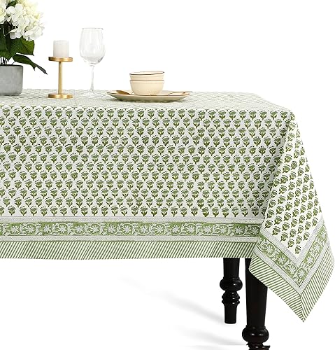 CPC - Mantel rectangular de algodón con estampado de bloques indios de 80 x 120 pulgadas, color verde, lavable, para primaveraverano, color verde
