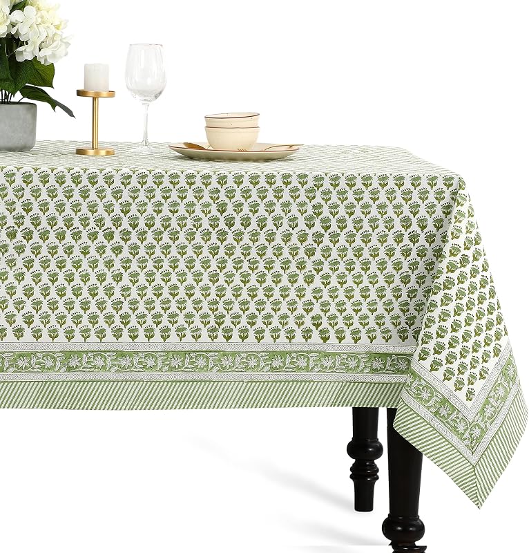 CPC Tablecloth 100% Cotton 60x90 Inch Indian Block Print Rectangle Table Cover, Washable Table Cloth for Weddings, Spring/Summer, Barbeque - Emerald Green