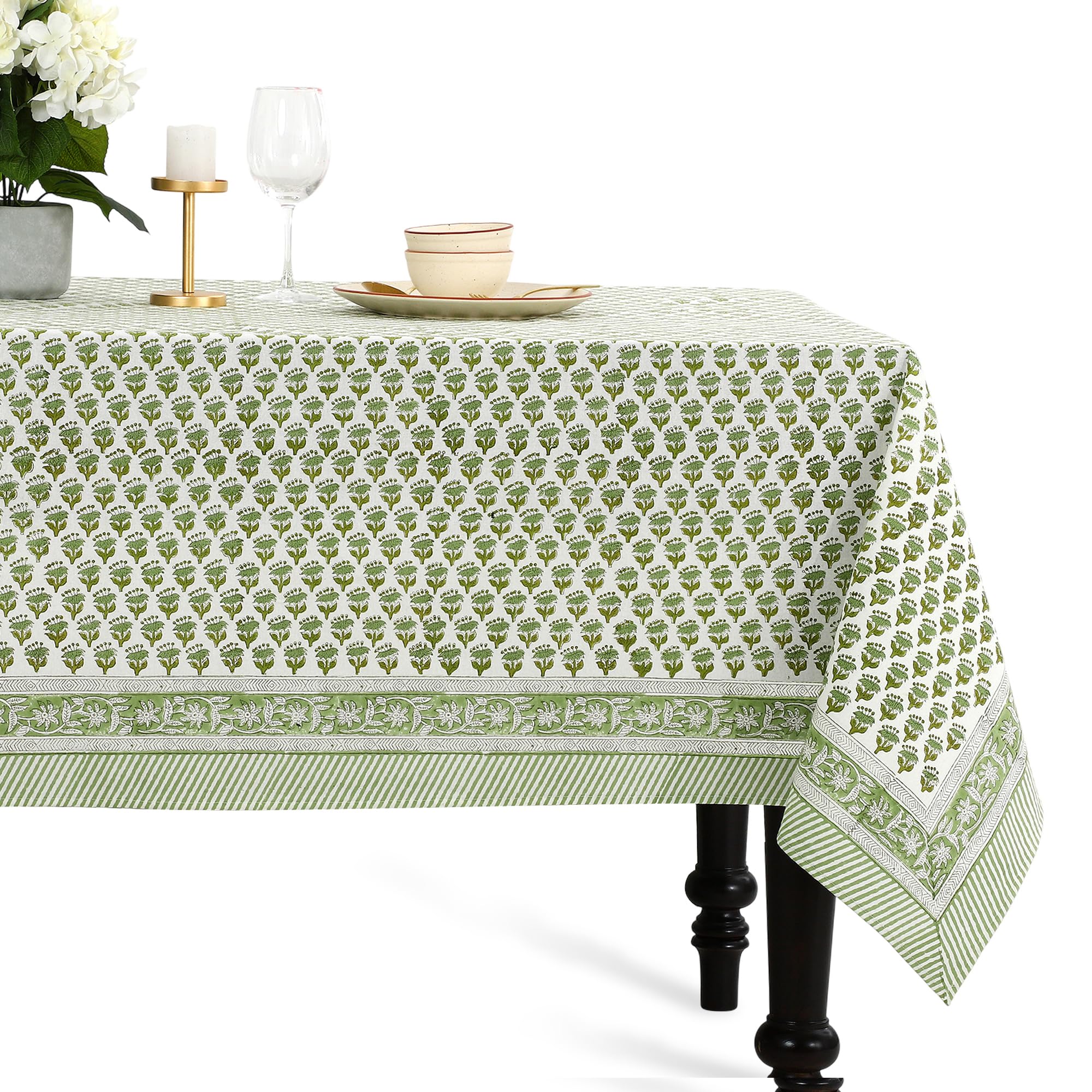 CPC Tablecloth 100% Cotton 70x118 Inch Indian Block Print Rectangle Table Cover, Table Cloth for Weddings, Spring/Summer, Barbeque - Emerald Green