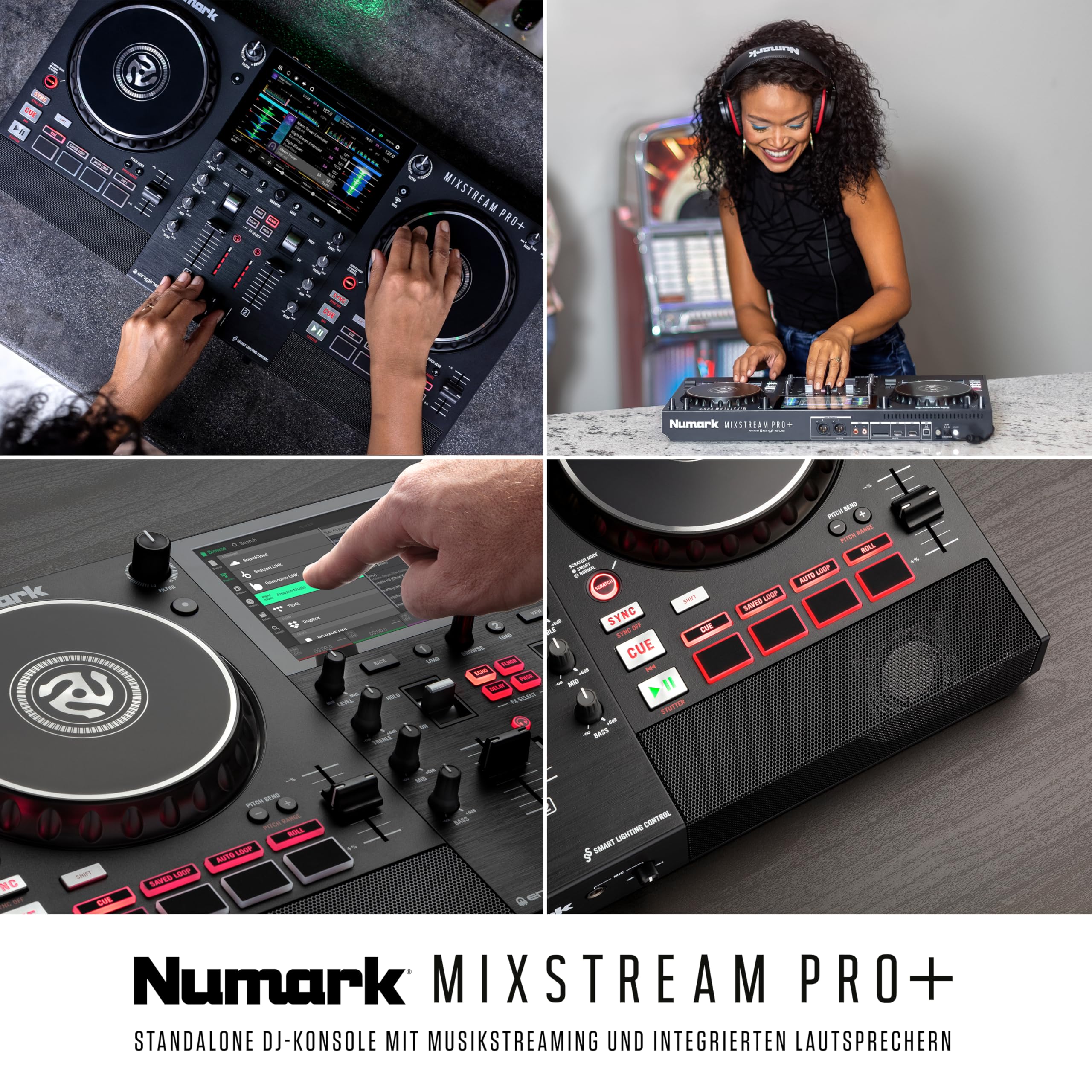 Numark Mixstream Pro+ DJ-Controller mit Stem-Trennung, 2 Decks, WLAN-Streaming, Mixer, 7 Zoll Touchscreen, Lautsprechern, kompatibel mit Serato und Virtual DJ
