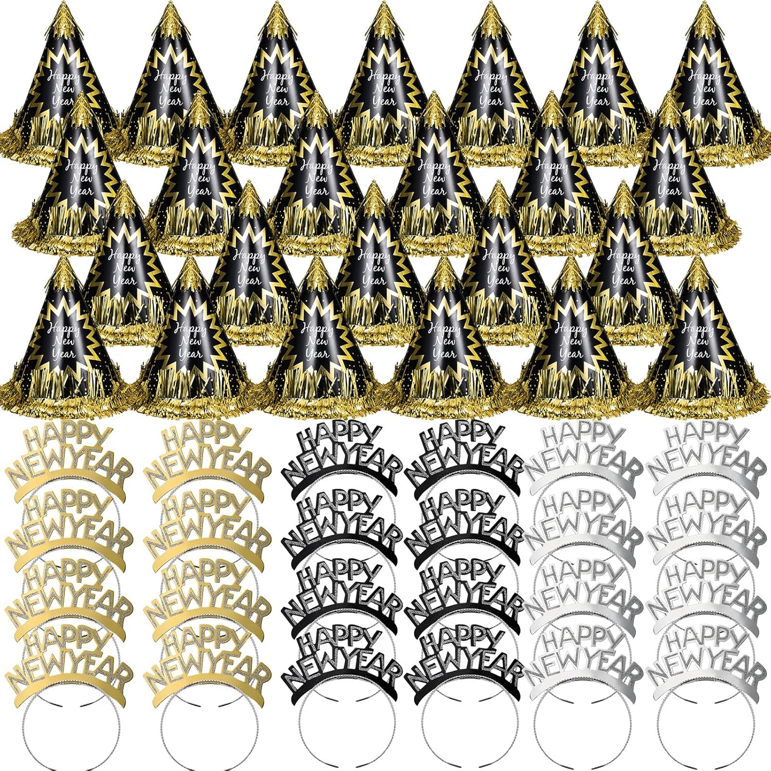 New Year's Eve Party Supplies Includes Black Cone Hats Headbands Tiaras for Eve Party Accessories