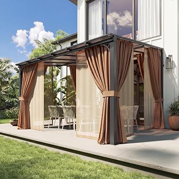 Aoxun 10x12 Lean to Gazebo with Mosquito Net and Curtains, Aluminum Frame, Polycarbonate Panel, Wall Mounted Pergola with Sloped Roof for Backyard, Porch, Deck