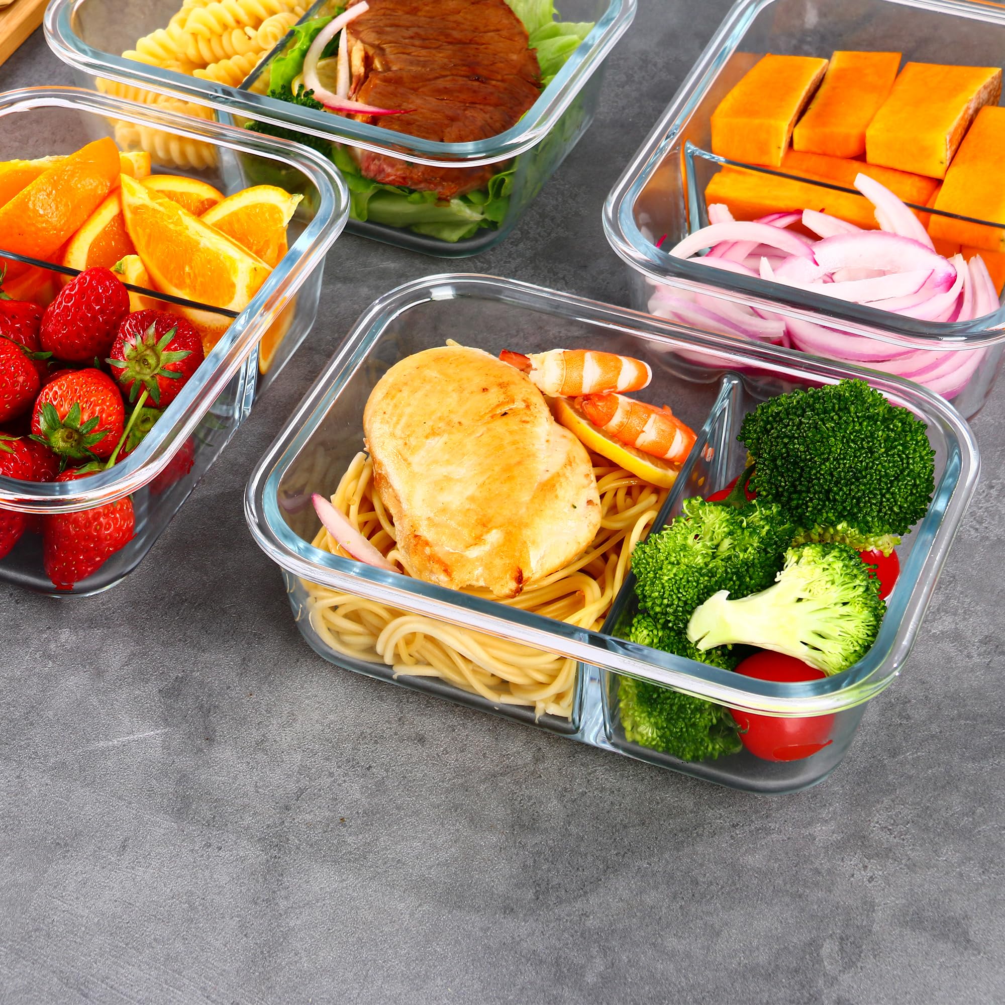5 paquetes de recipientes de vidrio de 880 ml, 2 compartimentos, recipientes de vidrio para almacenamiento de alimentos con tapas, cajas Bento de vidrio herméticas, aptos para horno, congelador
