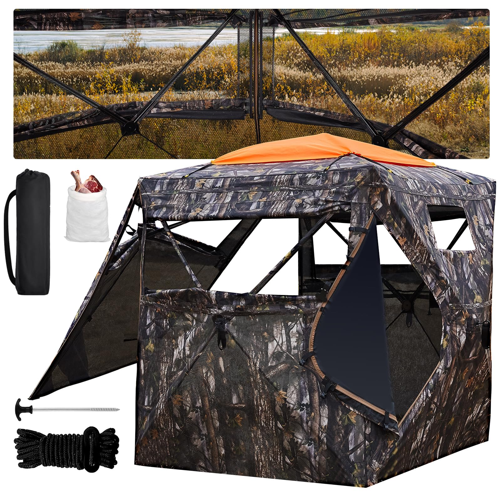 Hunting Blind 300D See Through Ground Blinds, 3-4 Person 270 Degree 2 Doors Pop Up Deer Blind Portable Camouflage Hunting Tent, for Turkey & Deer Hunting with Cyclone Tent Stakes and Wind Ropes