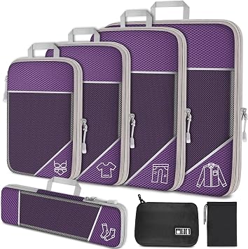 NiHome 7 Pcs Compression Packing Cubes Set Expandable Mesh Travel Bag Luggage Organizer Electronic Cable Cord Charger Organizer Drawstring Bag Travel Home Storage Travel Gear Accessories Purple