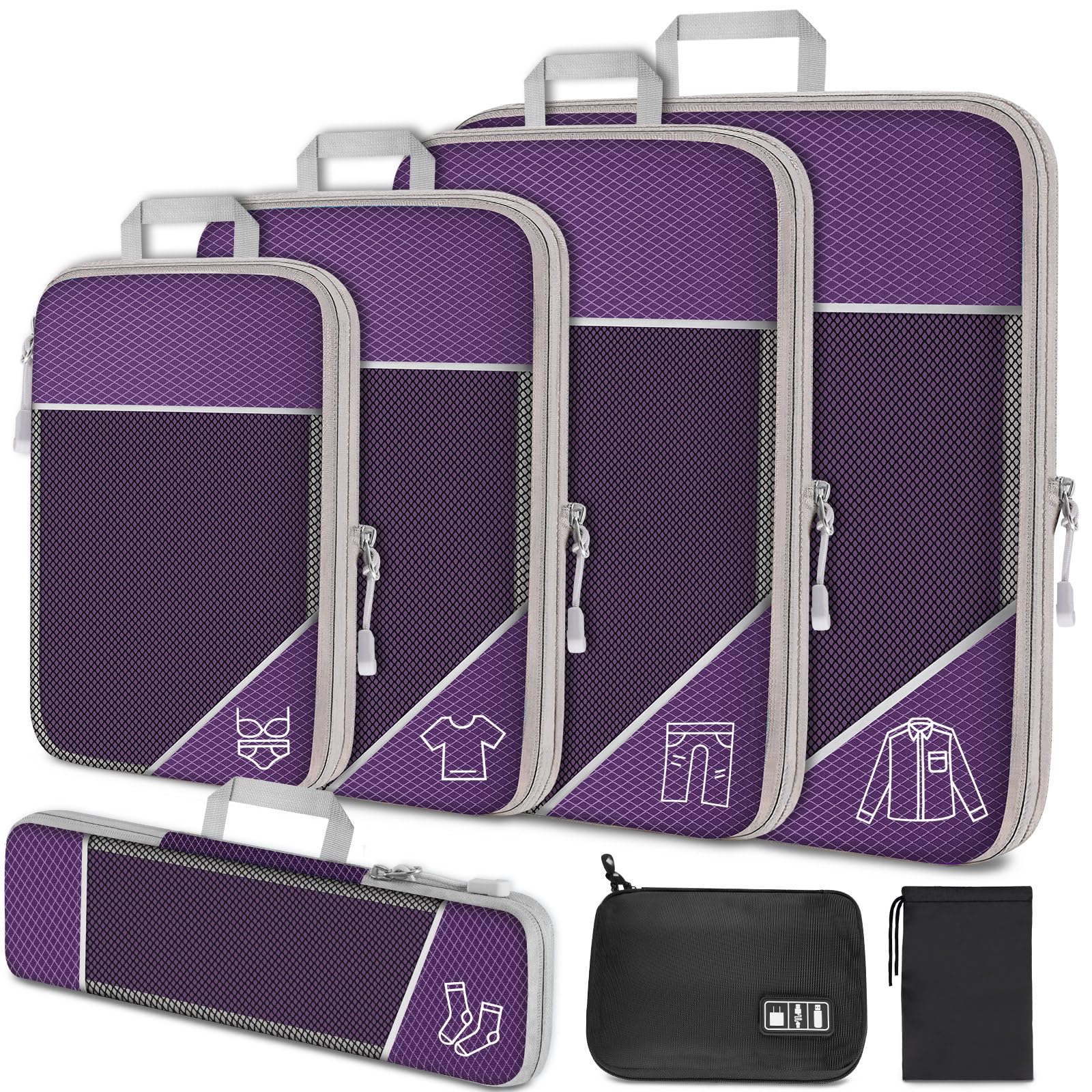 NiHome Set di 7 cubi a compressione espandibile, in rete, organizer per bagagli con cavo elettronico, caricabatterie, organizer con coulisse, per viaggi, casa, accessori da viaggio (viola)