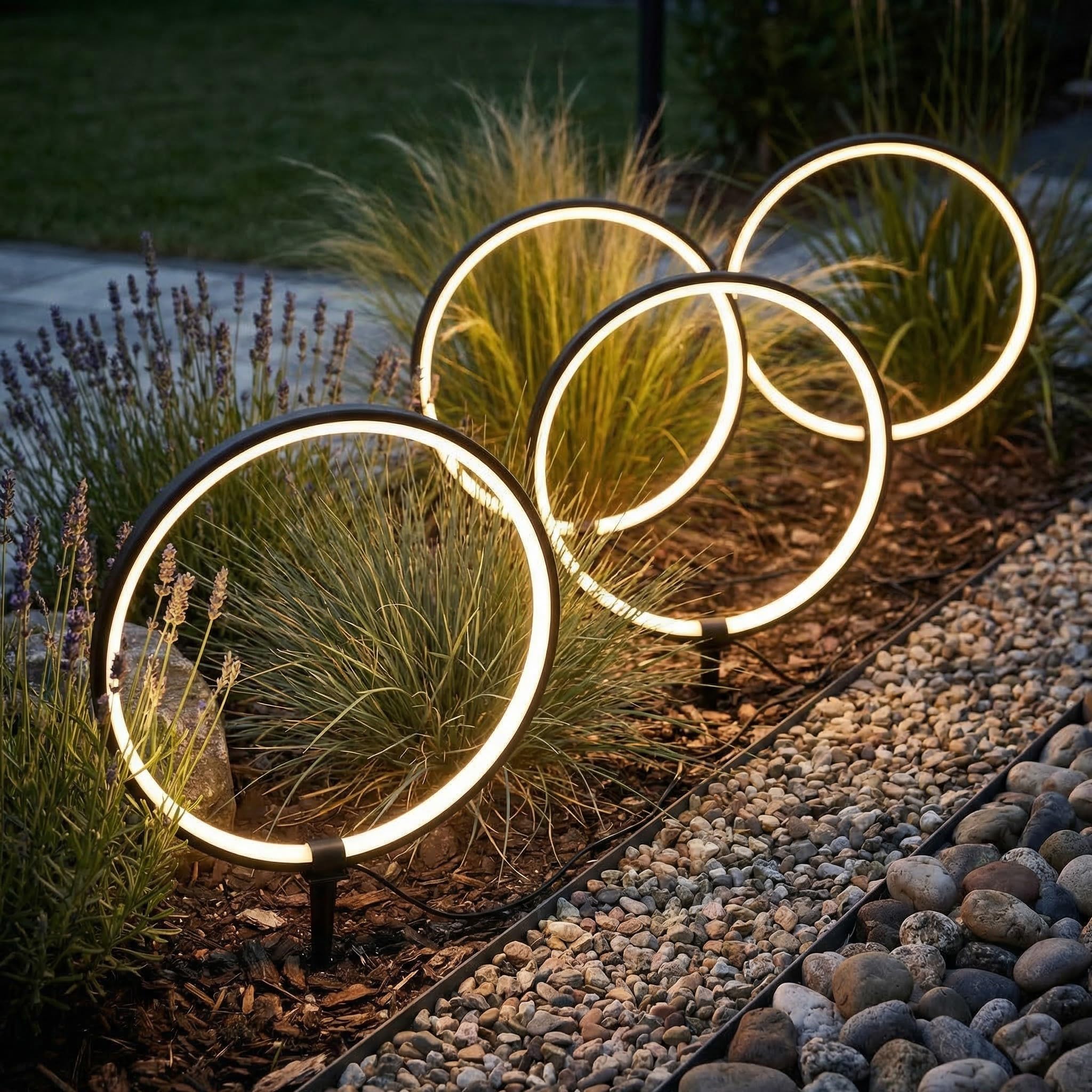 Arnusa Solar Gartenleuchten LED Solar Gartenstecker modern, Solarleuchte Garten Leuchtringe Design warmweiß, Aluminium (4)