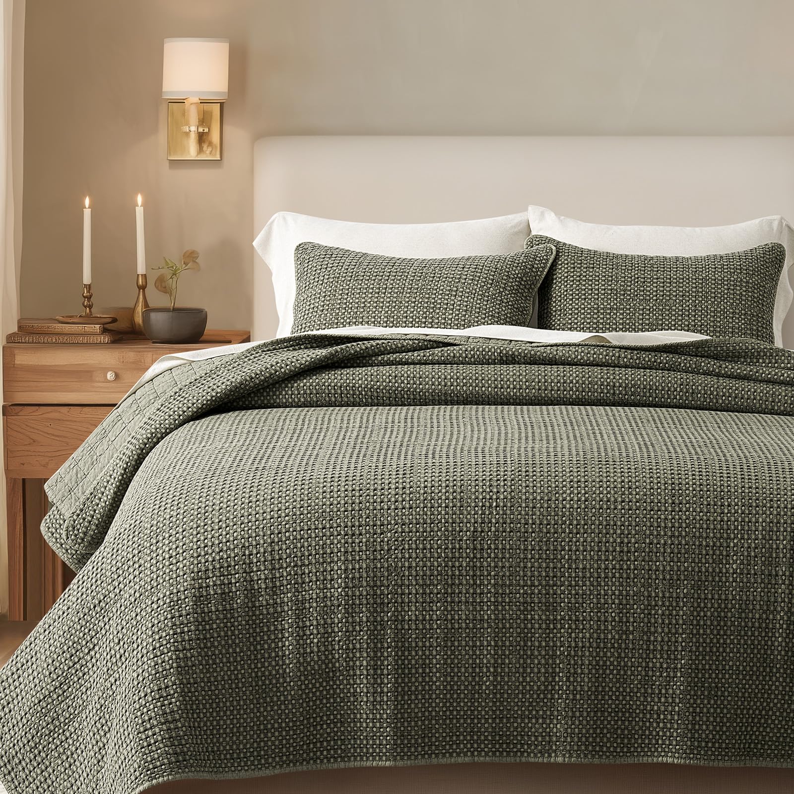 evergrace stonewashed 100% natural cotton waffle quilt set queen size 3 pieces, durable, textured & substantial bedding, quilted coverlet bedspread with 2 shams for all seasons, olive green