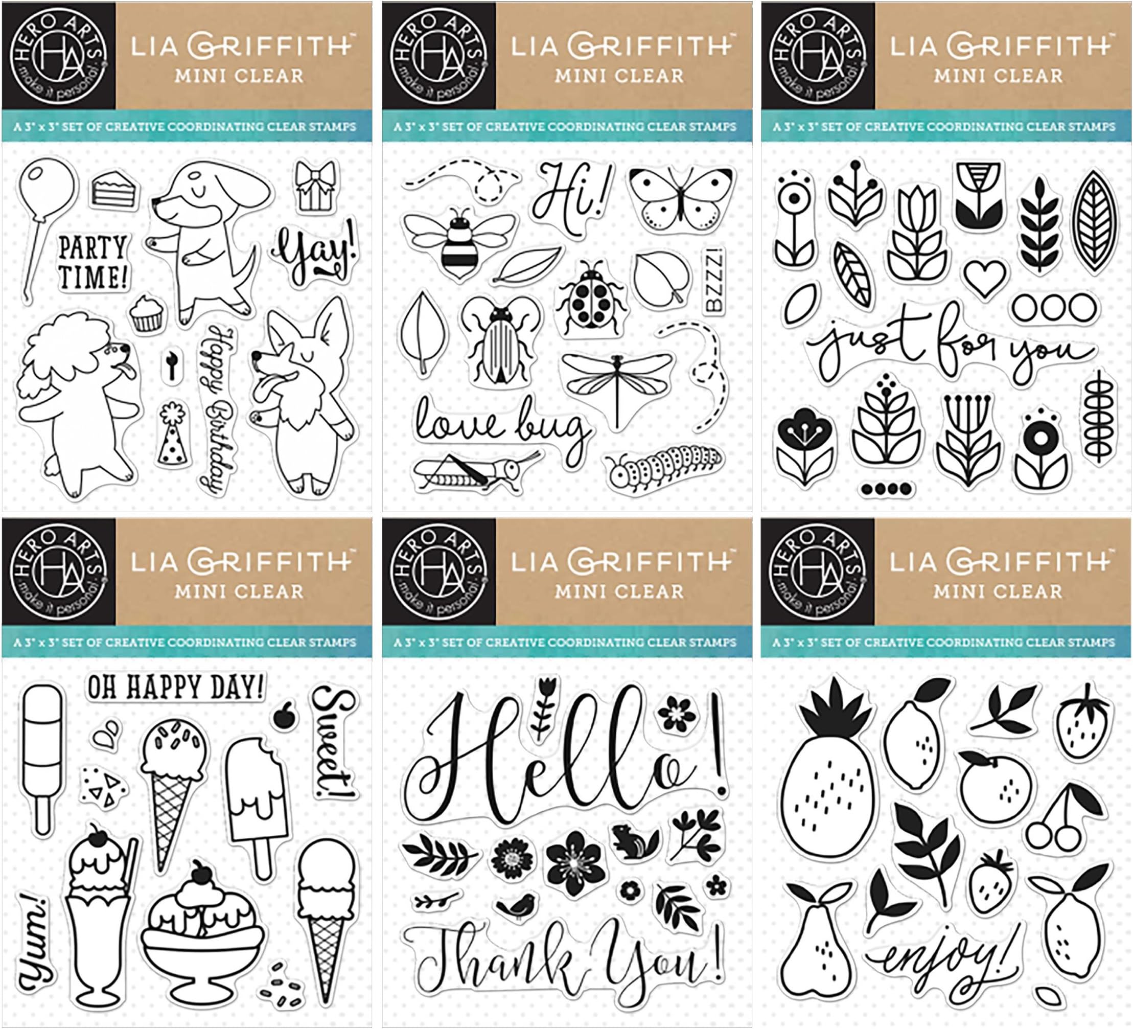 Hero Arts - Lia Griffith - 3 x 3 Stamps - Spring Hello, Love Bugs, Enjoy Fruit, Party Time, Just for You, Oh Happy Day - 6 set bundle