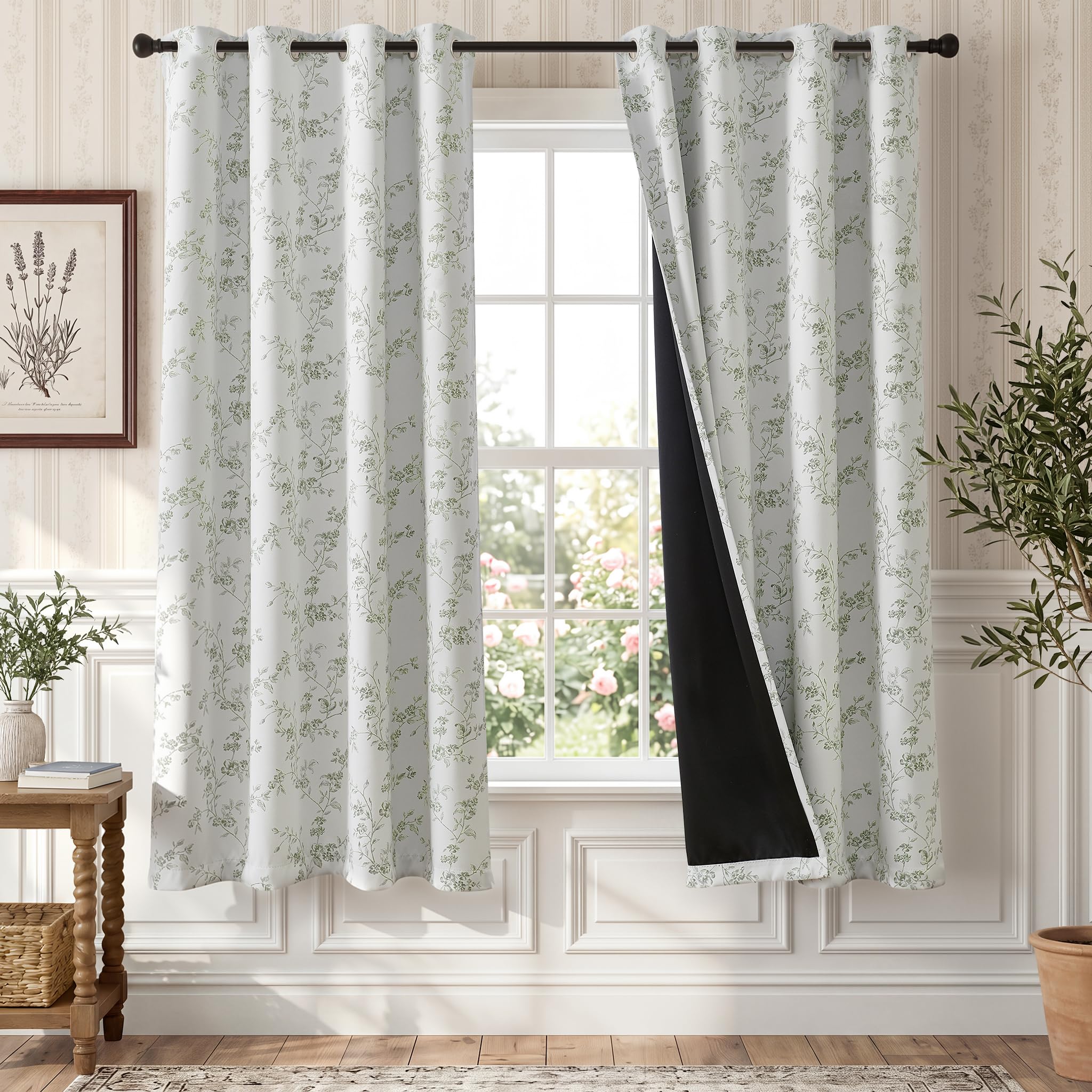 TOPICK Floral 100% Blackout Curtains for Bedroom Living Room W52xL72 Green