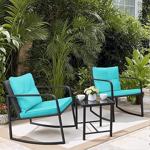 Greesum 3 Pieces Rocking Wicker Bistro Set, Patio Outdoor Furniture