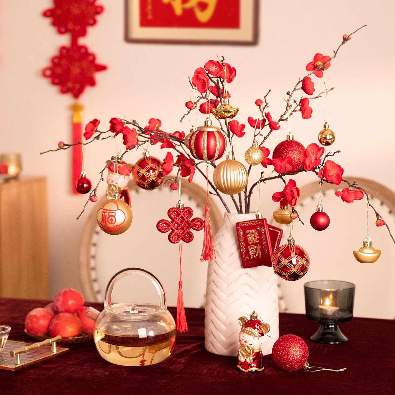 DecorbyHannah Chinese New Year Decorations 2026 for Christmas Tree, 40ct Shatterproof Lunar New Year Ball Ornaments with Red Envelope, God of Wealth, Lantern, Chinese Knot, Gold Ingot for Home Decor