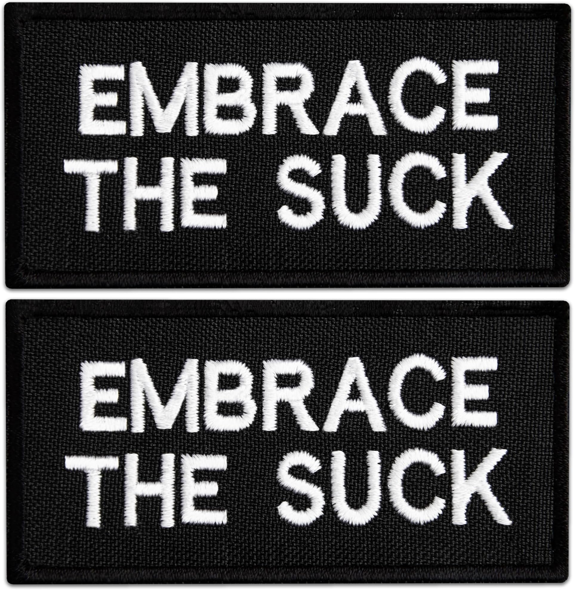 2Pcs Embrace The Suck Patch, Embroidered Hook and Loop Embrace The Suck Sticker; Morale Tactical Funny Patches for Tactical Backpack, Bulletproof Vest, Dog Vest Harness, Sew on Opt, 1.5x3