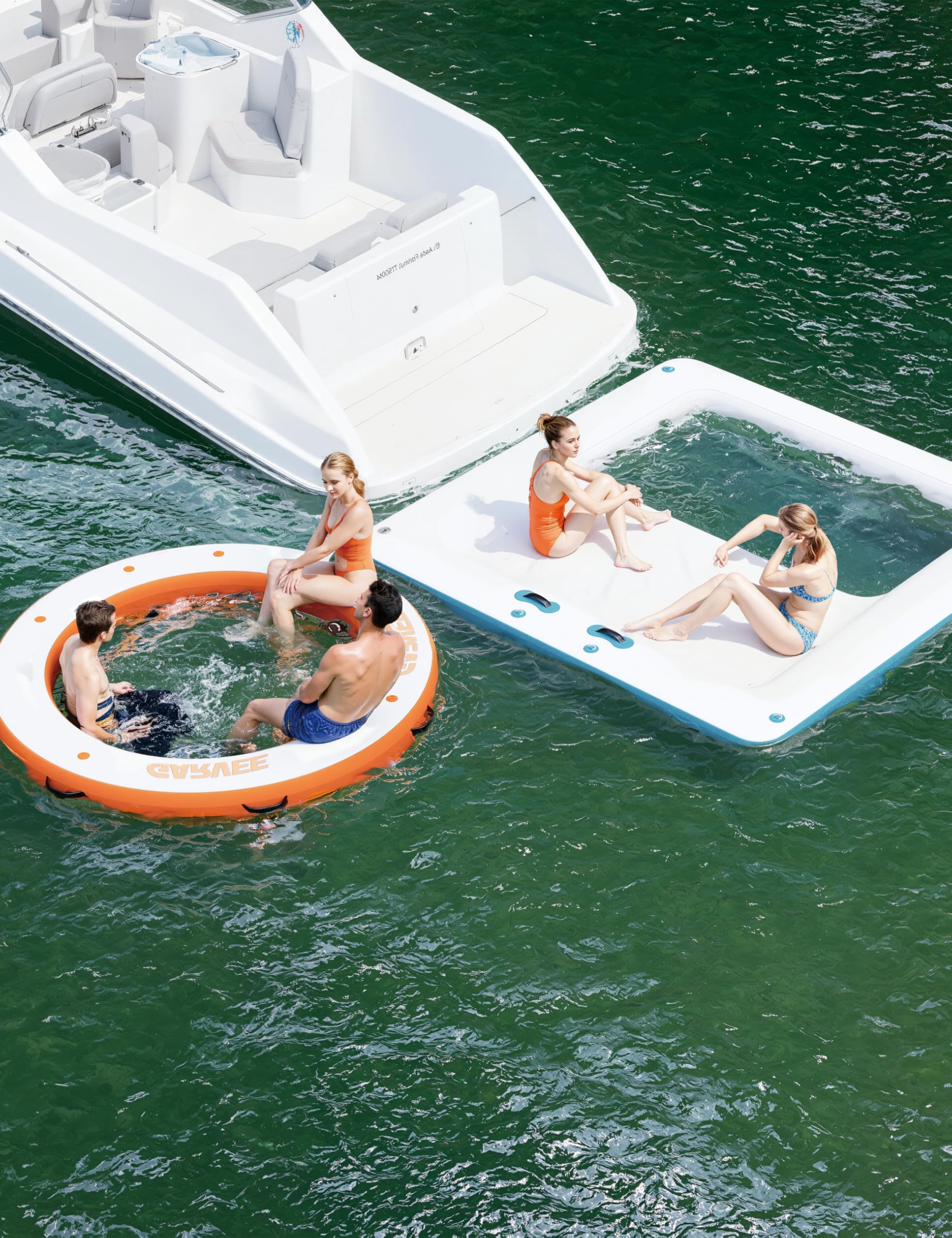 Vielseitige Aufblasbare Schwimmende Plattform mit Rutschfester Eva-Oberfläche & Seilleiter, Integrierter 1.5m Trampolin-Netzpool, Perfekte Wasserinsel und Schwimmdock für See, Pool, 2.59 * 2.59m