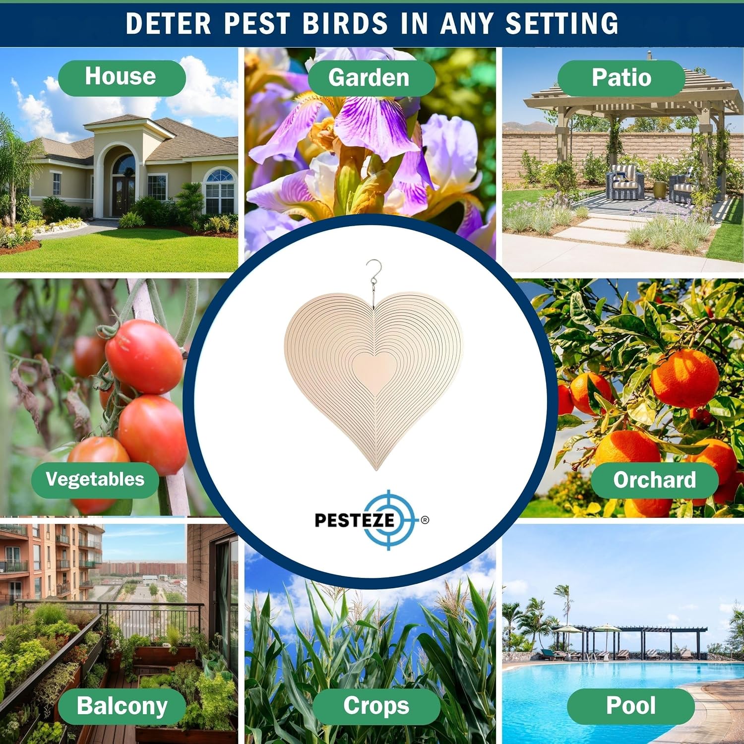 PESTEZE USA Large Heart Stainless Steel Wind Spinner 12x14 Inch Reflective Outdoor Hanging Garden Decoration for Yard, Porch & Patio, 3D Spinning Metal Art Ornament Repels Birds & Add Sparkling Beauty