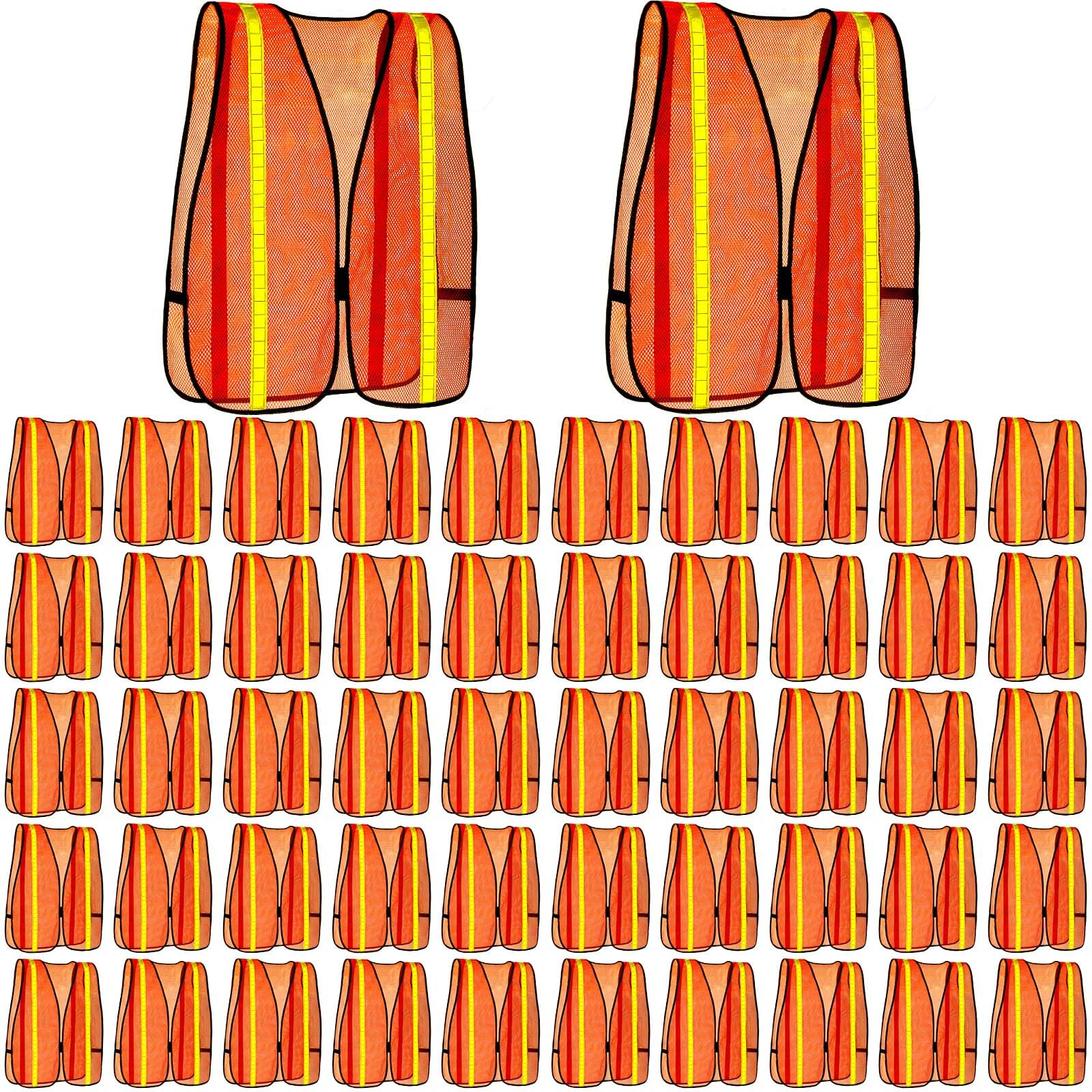 Haysandy 50 Pcs High Visibility Reflective Safety Vest Construction Vest Strips Neon Mesh Universal Size for Men Outdoor (Neon Orange)