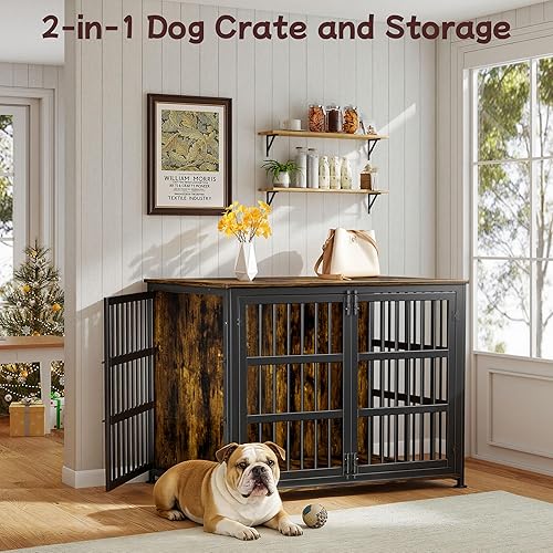 Miniatura 6 de Jaula para perros de 41 pulgadas, jaulas para perros de razas grandes, para interiores de madera, mesa auxiliar, jaula combinada