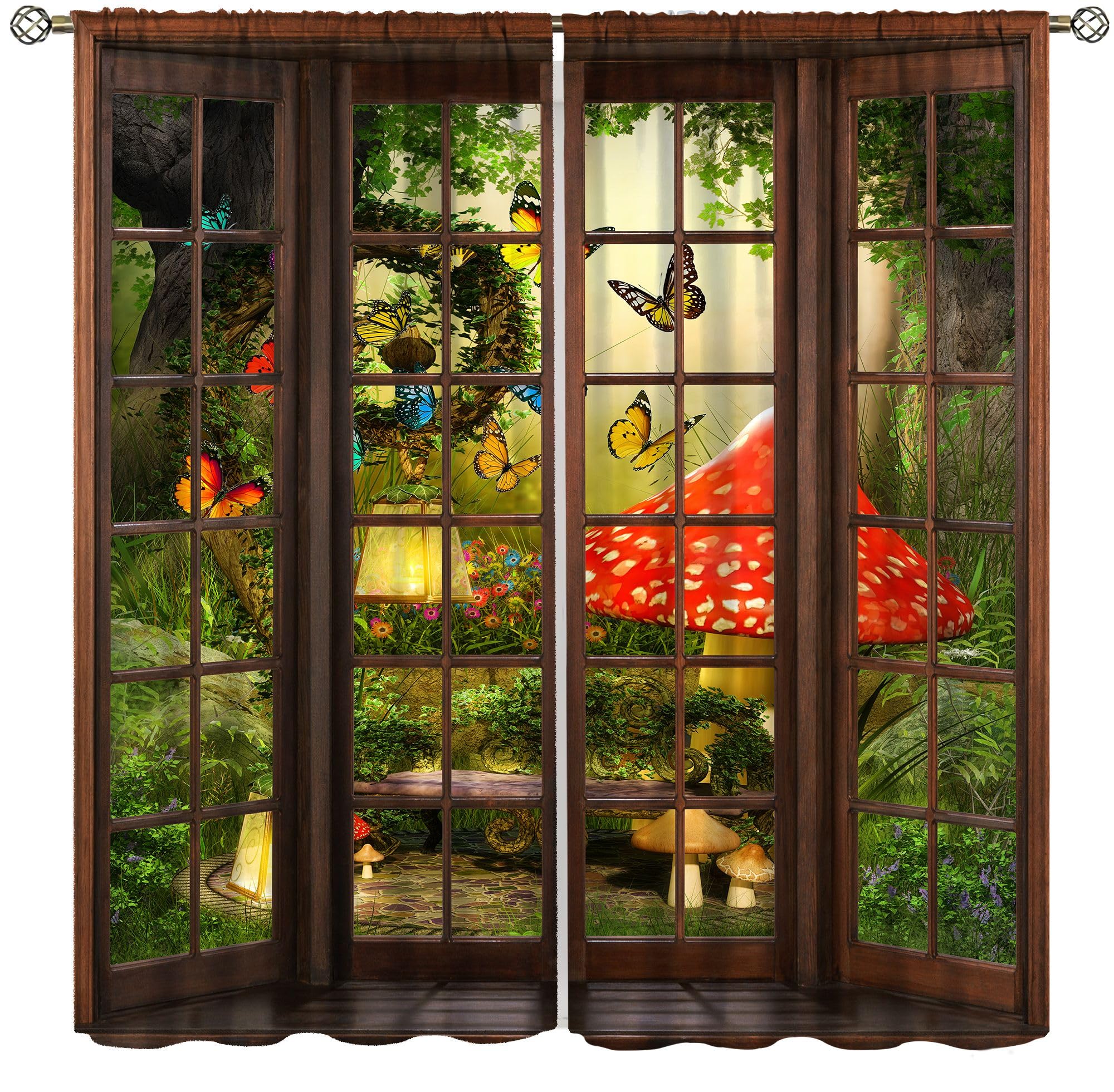 Hazuff Forest Landscape Blackout Curtains for Bedroom,Fantasy 3D Magic Green Fairytale Forest Mushroom Butterfly Window Drapes Print for Kids Living