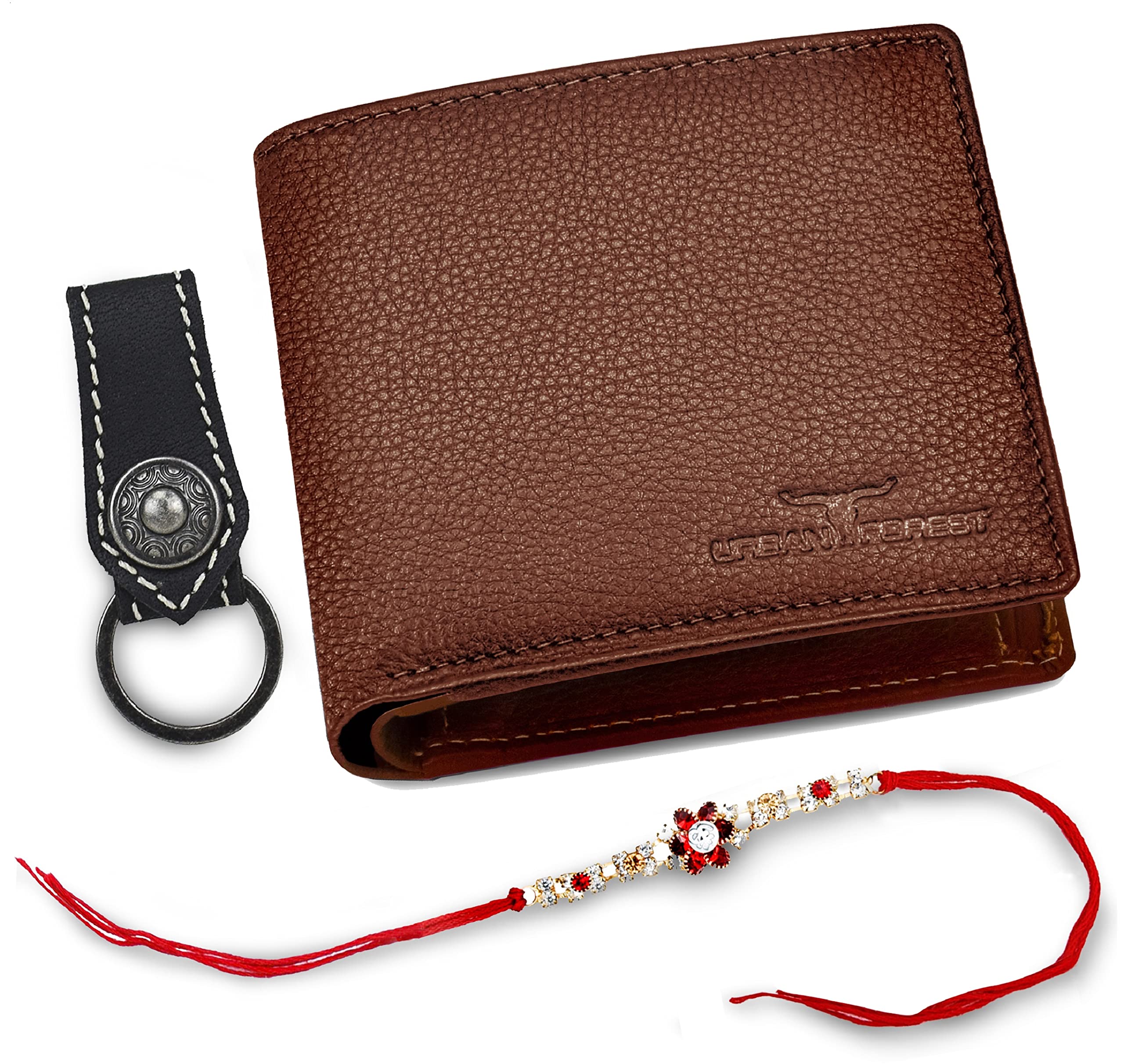 URBAN FOREST Stan Rakhi Gift Hamper for Brother - Men's Leather Wallet, Black Keyring and Rakhi Combo Gift Set for Brother, Redwood, Minimalist
