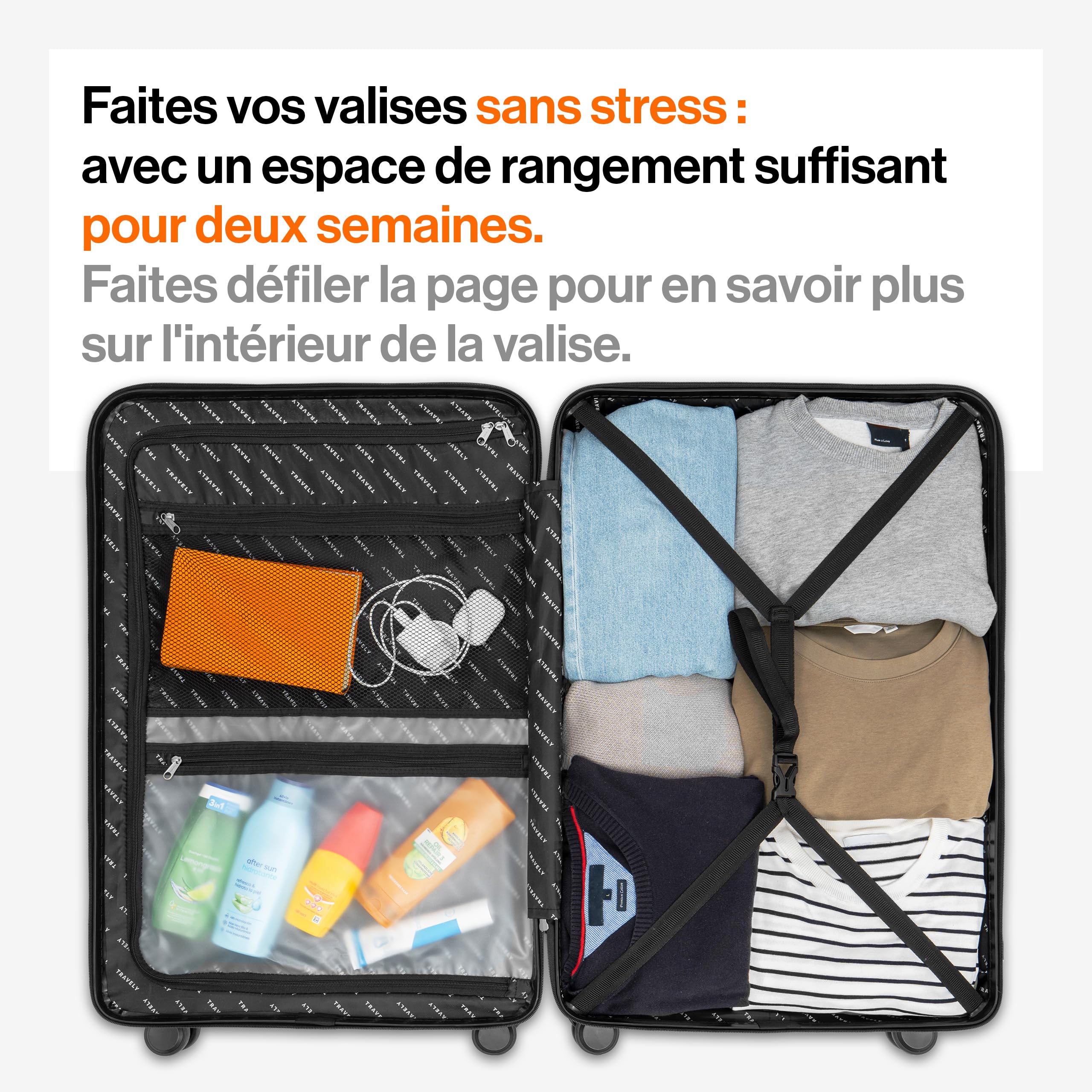 Travely Valise en Polycarbonate, Taille XL, 77 cm, Volume intérieur 100 L, Dimensions 158 cm, Valise à Coque Rigide très Robuste avec roulettes Souples et Serrure TSA, Valises, Valises à roulettes