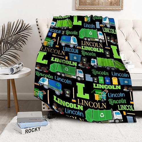 Miniatura 4 de Buyyet Manta de regalo personalizada con nombre, camión de basura para niños, manta de franela de forro polar suave para cama, sofá al aire libre,