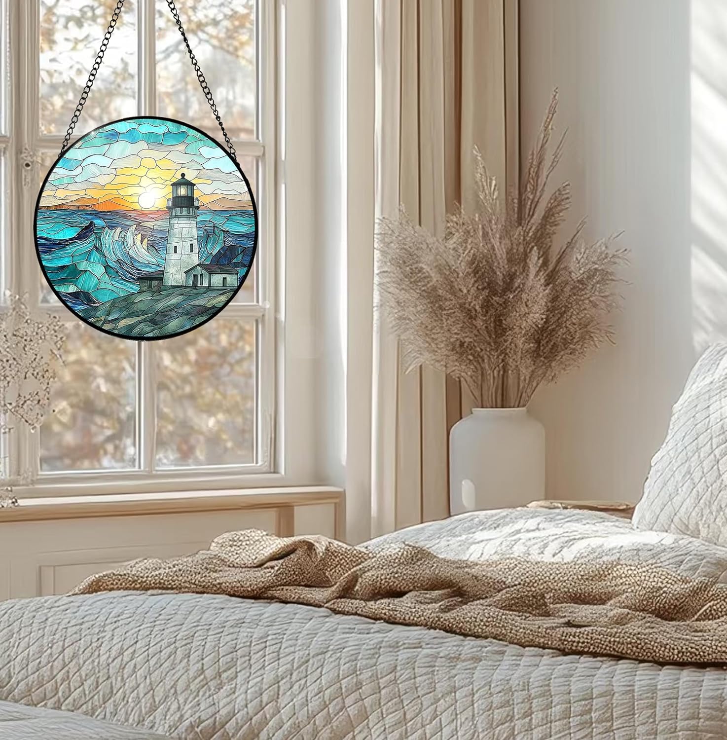 Stained Glass Window Hanging, Lighthouse Beach Stained Glass Suncatcher, Window Decoration Hanging, Sunrise Lover Gift, for Birthday for Women, Men, Wife, Aunt, and Mom