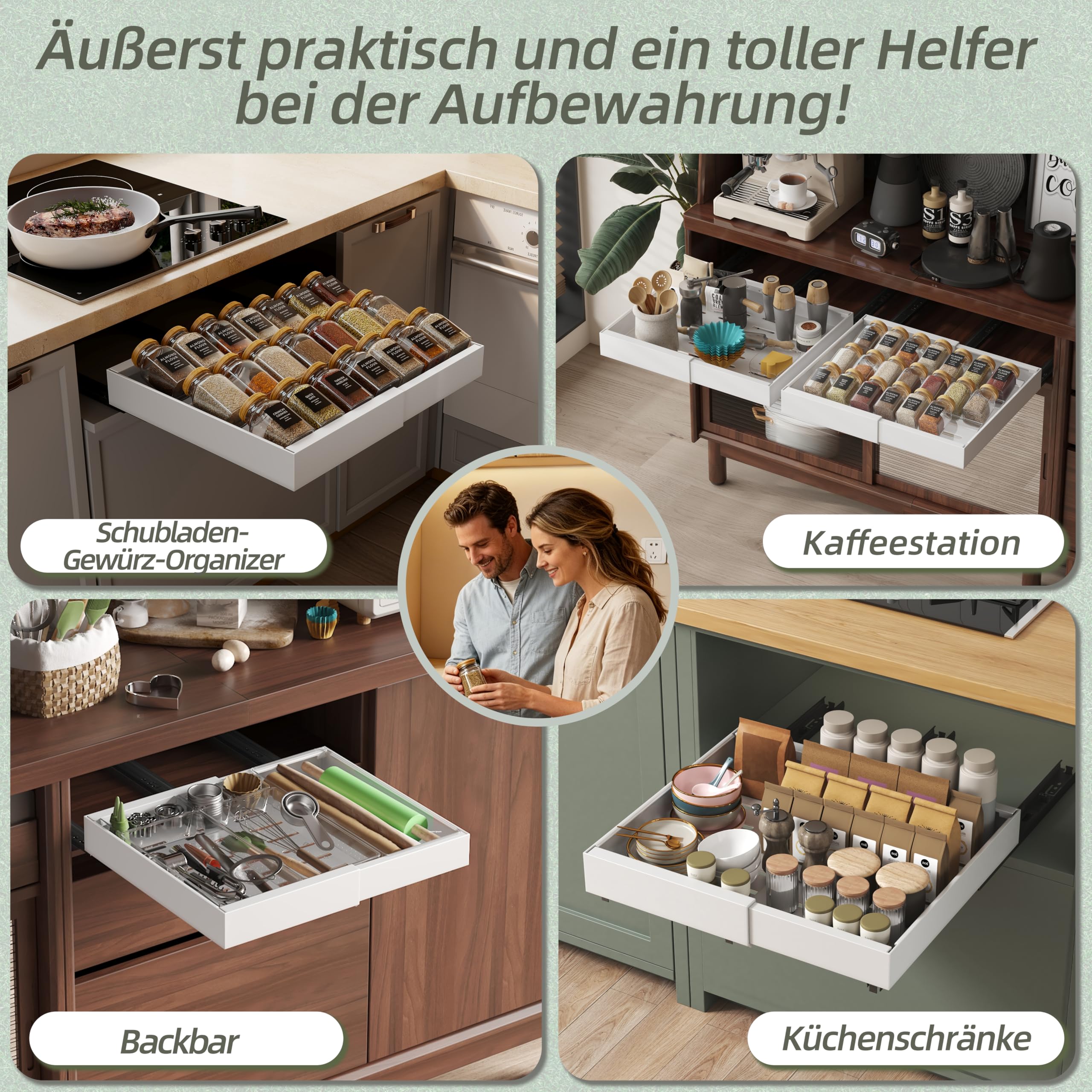NETEL 2 Stück Teleskopschublade Ohne Bohren,ausziehbare schublade küche | 12 er Schubladen Organizer Für Aufbewahrung von Küchengewürzflaschen,Einstellbare Breite 32-52cm,Tiefe 42cm mit Kleber,weiß