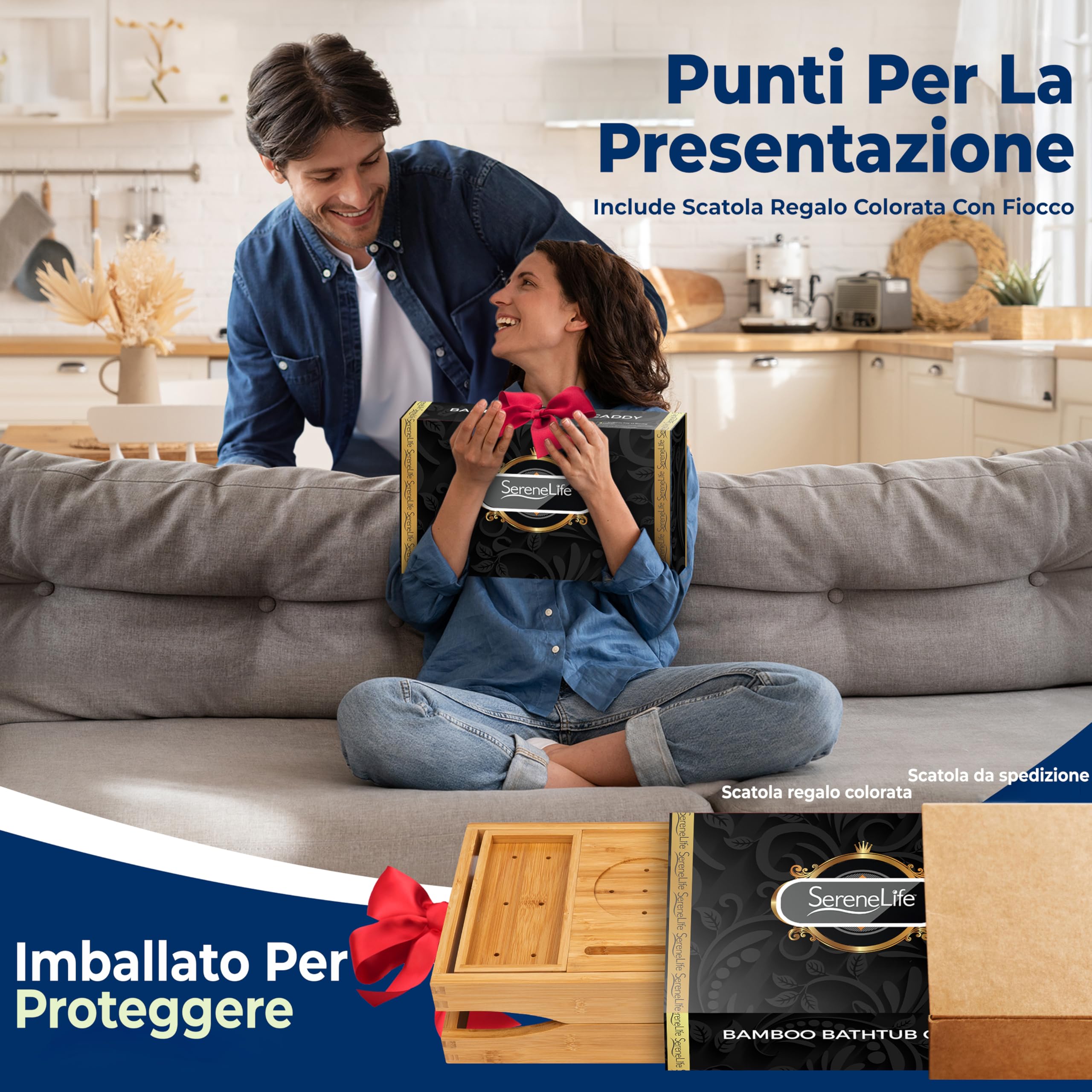 SereneLife Vassoio Vasca da Bagno Pieghevole in Bambù 2 in 1, Porta Oggetti Bagno Regolabile Antiscivolo con Supporto Dispositivi, Portabicchiere Vino, Espandibile e Set Regalo Donna per Relax