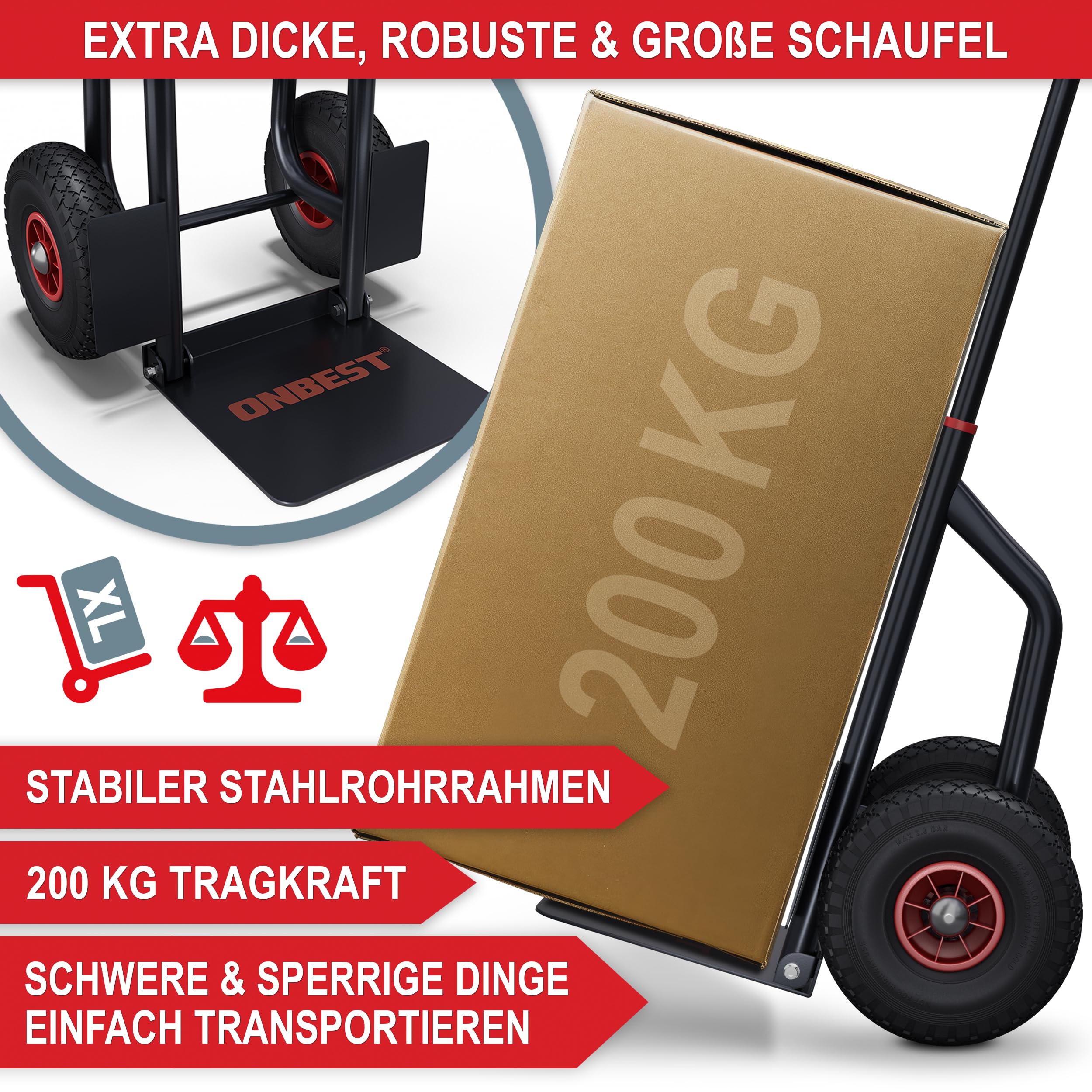 ONBEST Sackkarre klappbar 200 kg – Luftreifen & XL-Schaufel | Klappsackkarre mit leichtem Stahlrahmen und Handgriffen – Lastenkarre, Transportkarre und Trolley für schwere Lasten