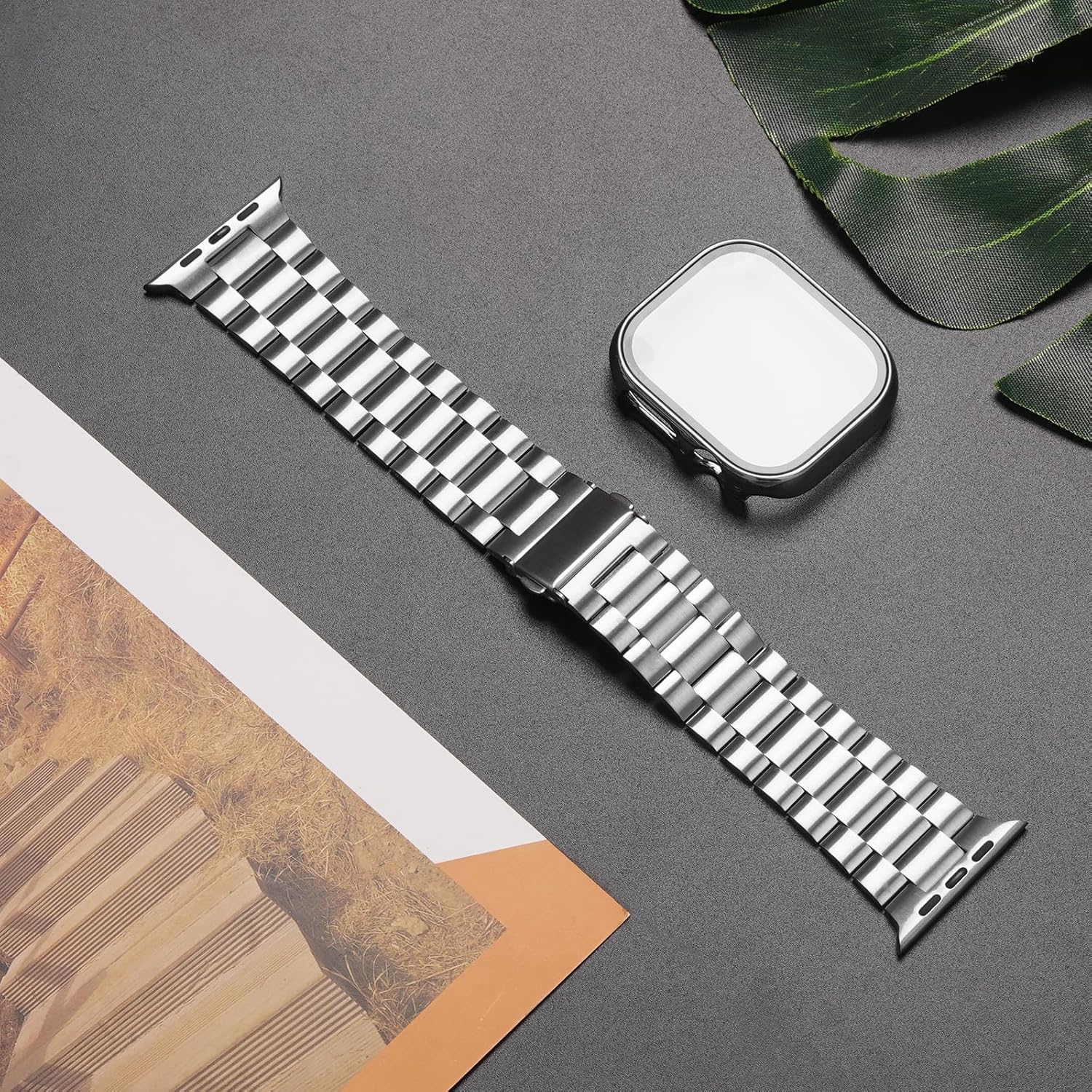 iiteeology Compatible with Apple Watch Band 46mm Series 11 Series 10, Upgraded Stainless Steel Band with iWatch Screen Protector Case for Men Women Silver/Silver