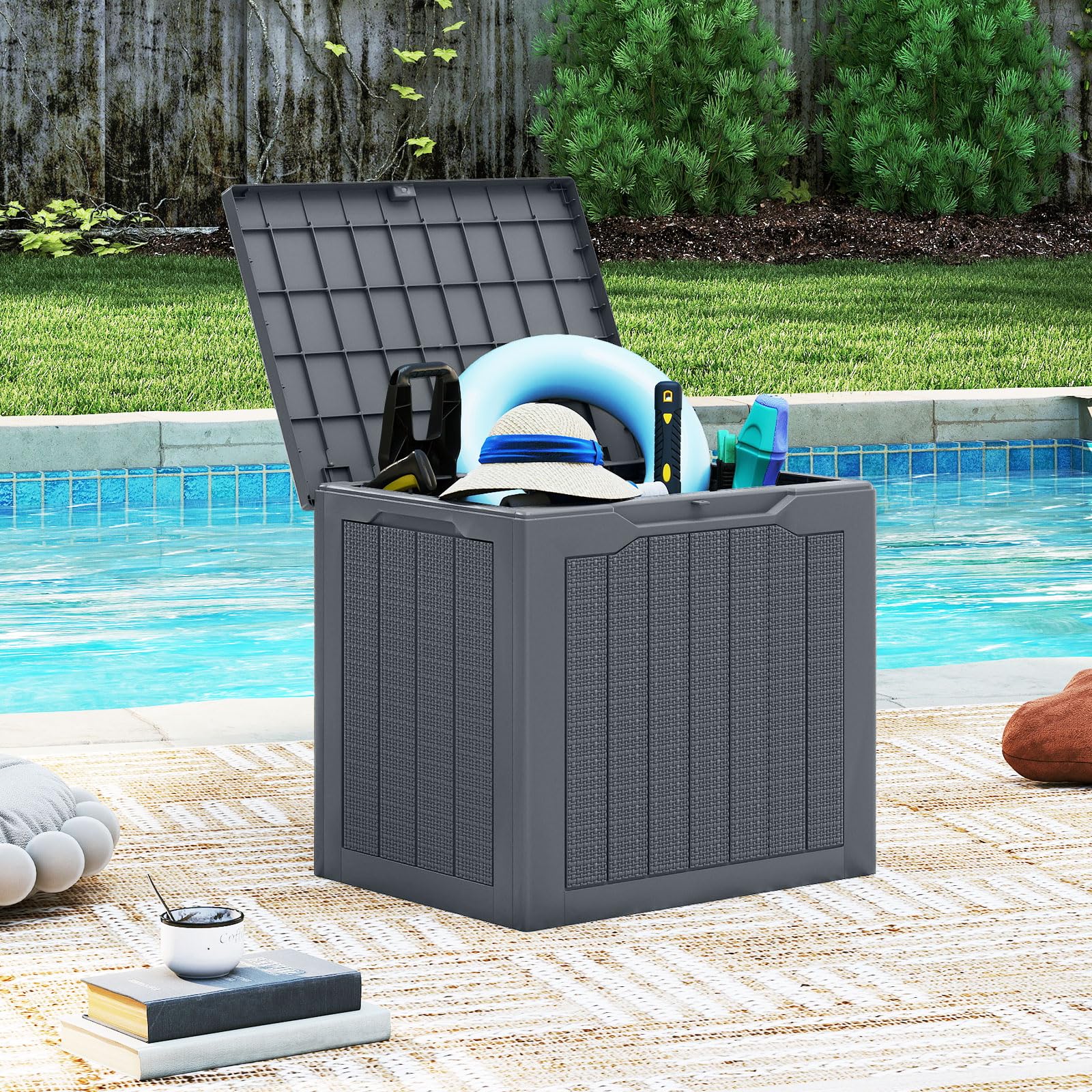 Baule Da Giardino GIANTEX 145 L – Impermeabile Con Coperchio Bloccabile, Design Legno/Rattan, 56x56x61 Cm Per Cuscini E Attrezzi
