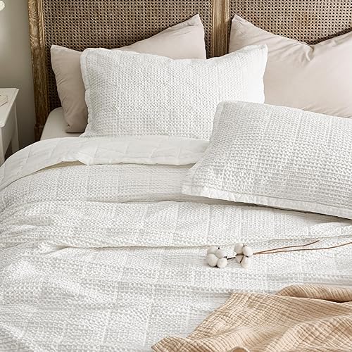 Bedsure Juego de edredón de algodón, colcha tamaño King, edredón ligero de gofre, tamaño King, colcha blanca para todas las estaciones (incluye 1