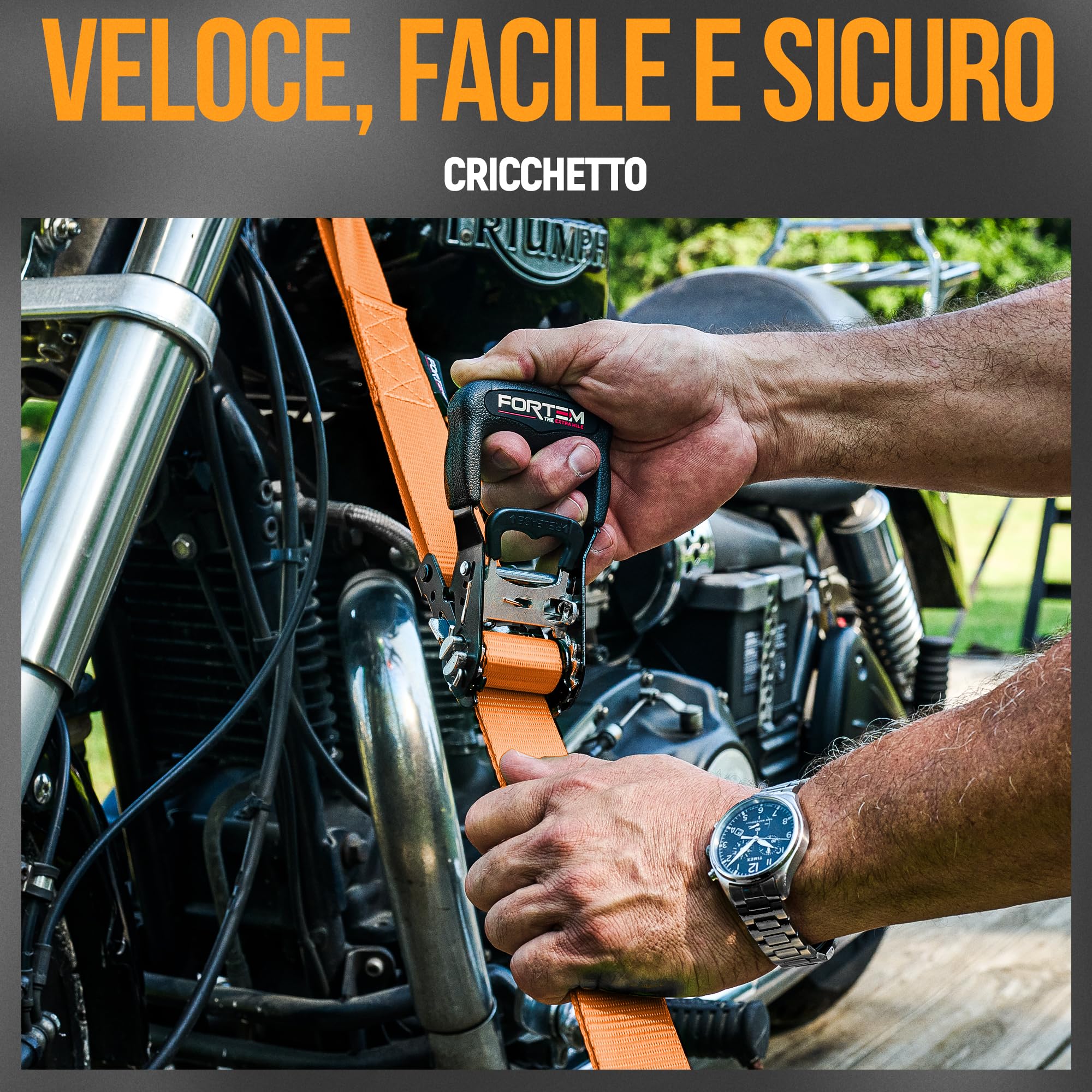 FORTEM Cinghie a Cricchetto, Resistenza fino a 2362 Kg, Set da 4 Cinghie di Fissaggio da 3,05 m, 4 Maniglie Morbide, Cinghie Fissaggio per Moto, Ganci in Metallo Rivestiti, Custodia Inclusa (Arancia)