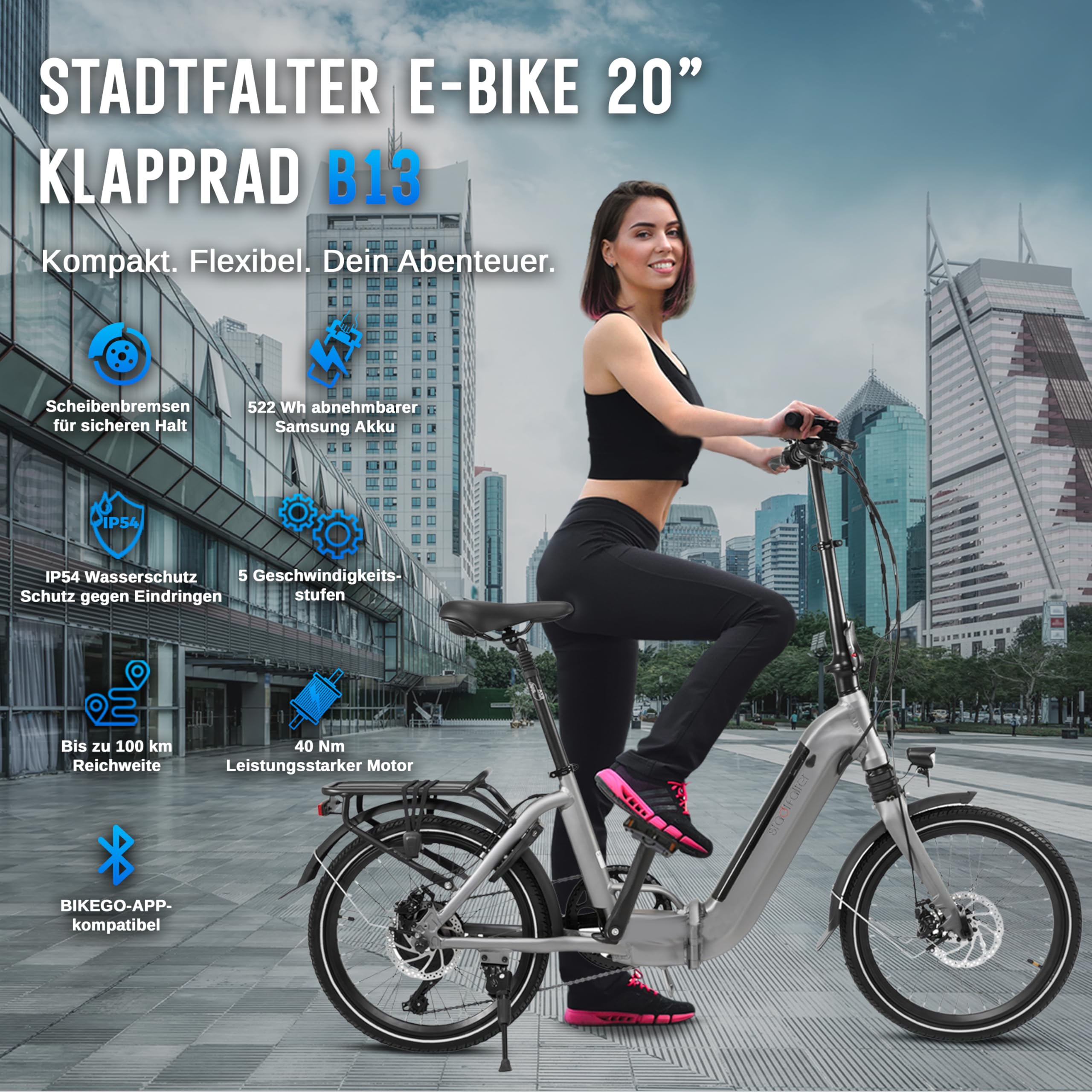 AsVIVA E-Bike Klapprad 20 Zoll, faltbares E-Bike Pedelec, 14 Ah Samsung Akku, 100 km Reichweite, 25 km/h, kompakt | Grau