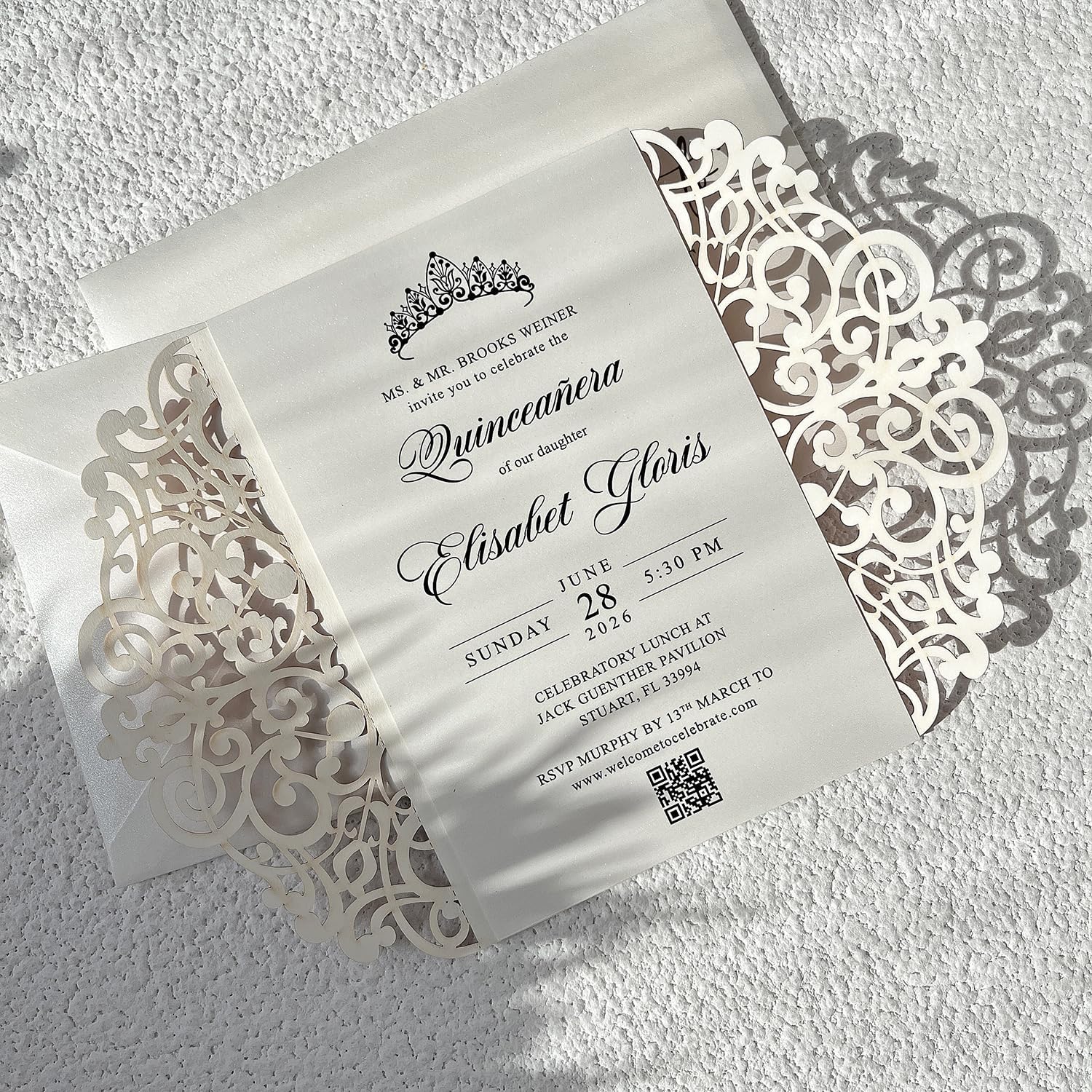 Rose Gold Quinceañera Invitation with Crown, Glitter Laser Cut Quinceanera Party Invite and Pink Ribbons , Lace Wedding Invitation Card, Sweet 16 (Glitter Rose Gold, 25pcs Blank Invitation)