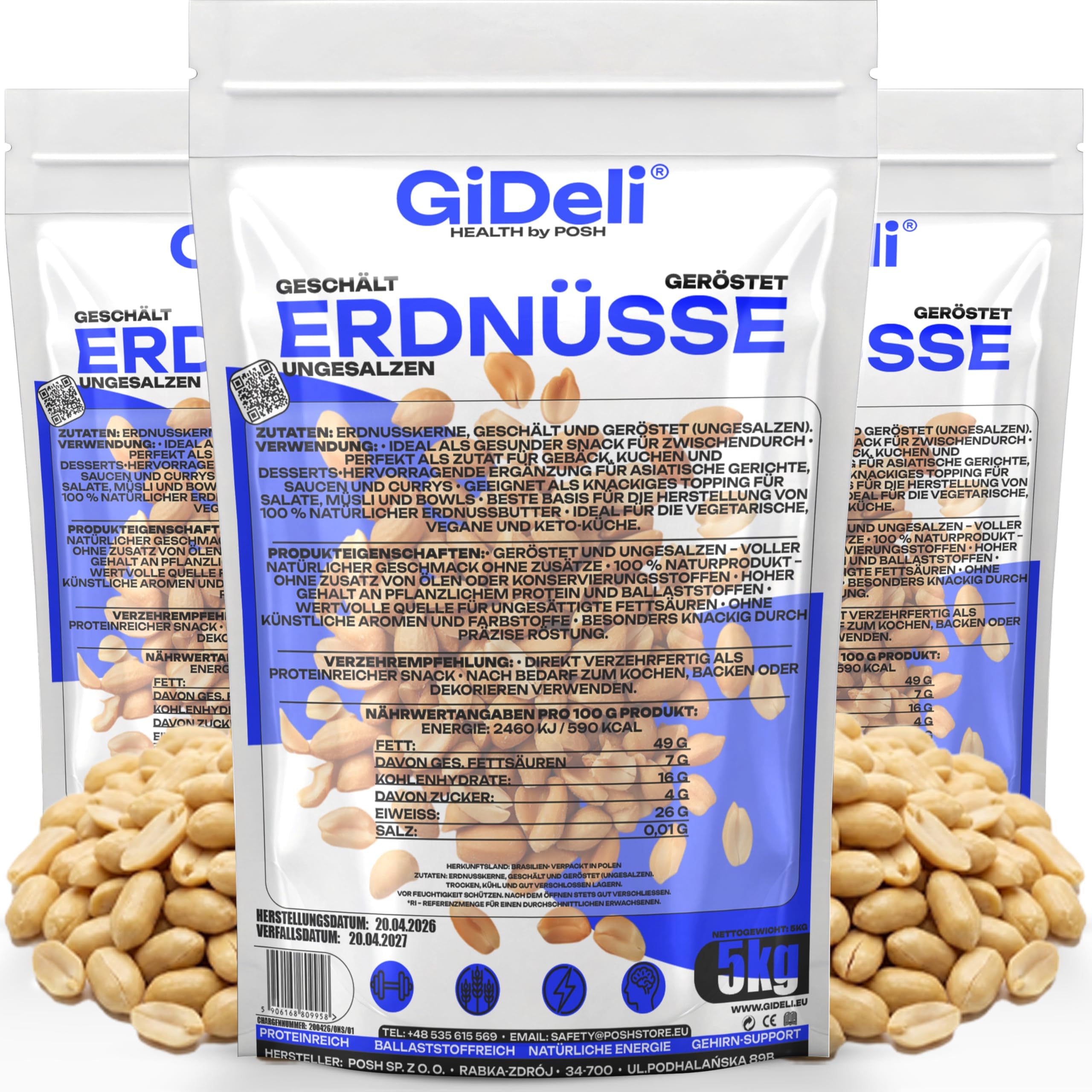 GiDeli Cacahuetes Tostados sin Sal 3 x 5 kg - Naturales, Pelados