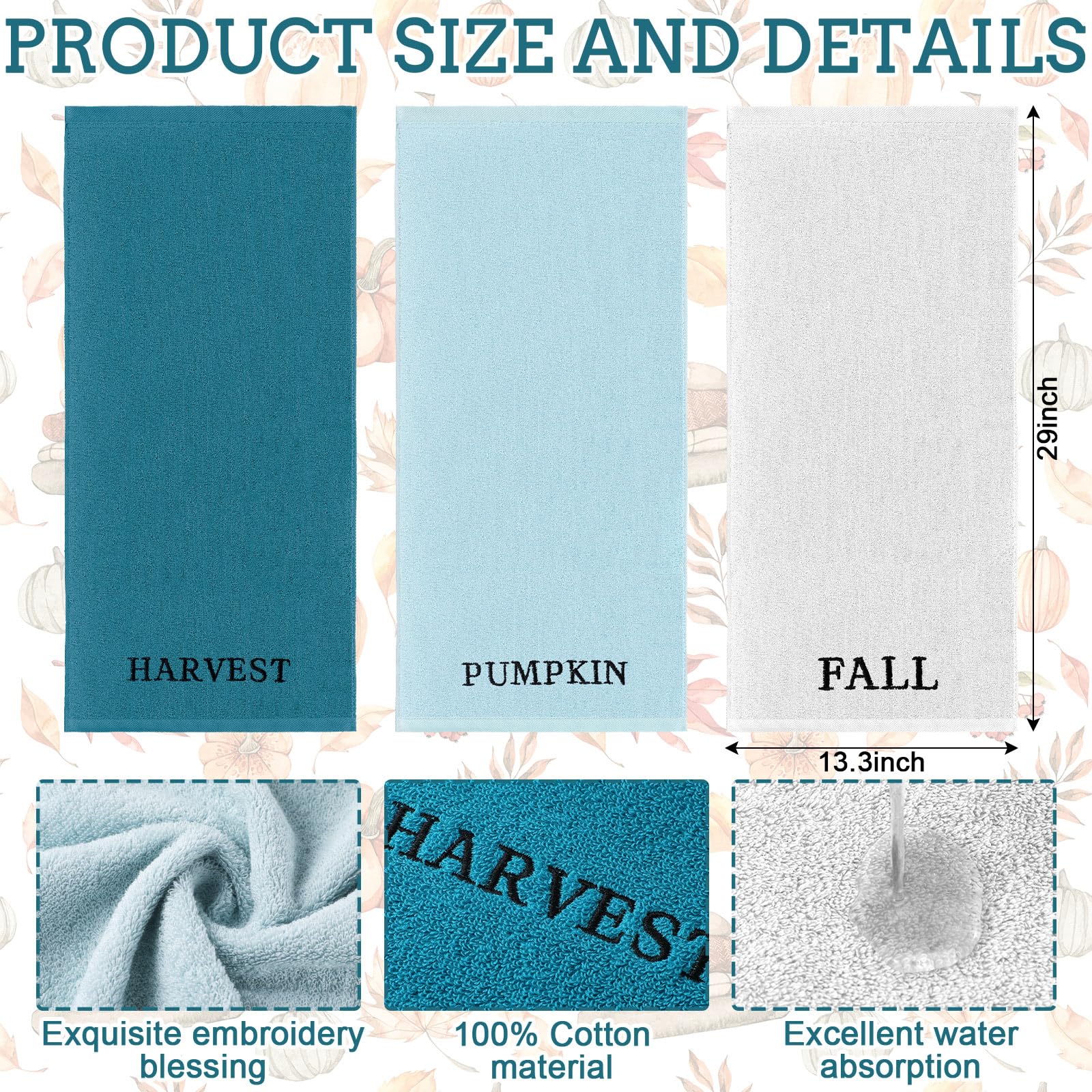 Condition photo showing New/Like New for Peryiter 3 Pcs Farmhouse Bathroom Decor Hand Towels 14x29 Inch Cotton Bath Towels Rustic Embroidered for Boho Kitchen Decor Inspirational Christian Gift(Farmhouse Fall Blue,Harvest Pumpkin Fall)