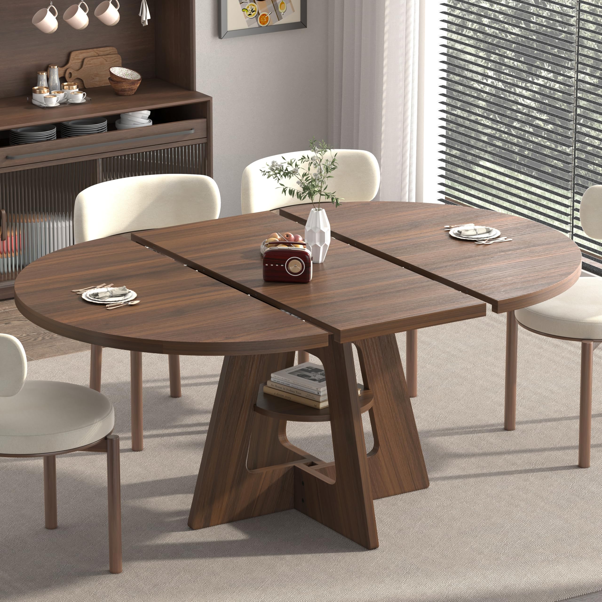 Fabulcozy 47.2"–63" Extendable Round Dining Table for 4–8, Oval Expandable Dining Table with Removable Leaves & Storage Shelf, Space‑Saving Kitchen &