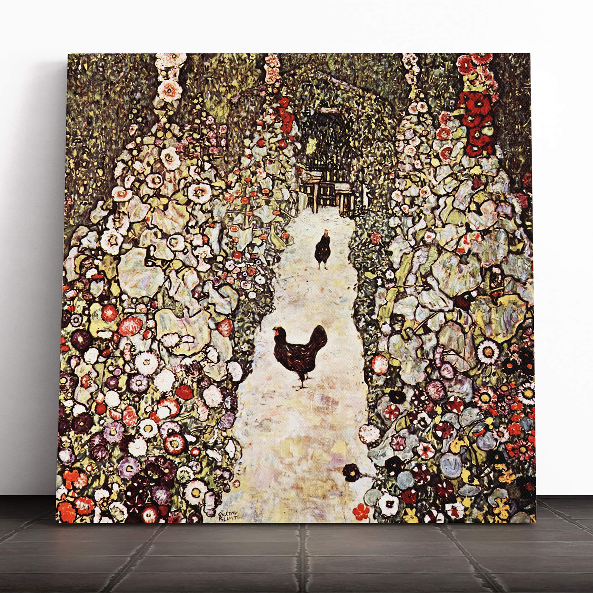 Big Box Art Canvas Print Wall Art Gustav Klimt Garden with Chickens and Roosters | Mounted & Stretched Box Frame Picture | Home Decor for Kitchen, Living Room, Bedroom, Muli-Colour, 14x14 Inch