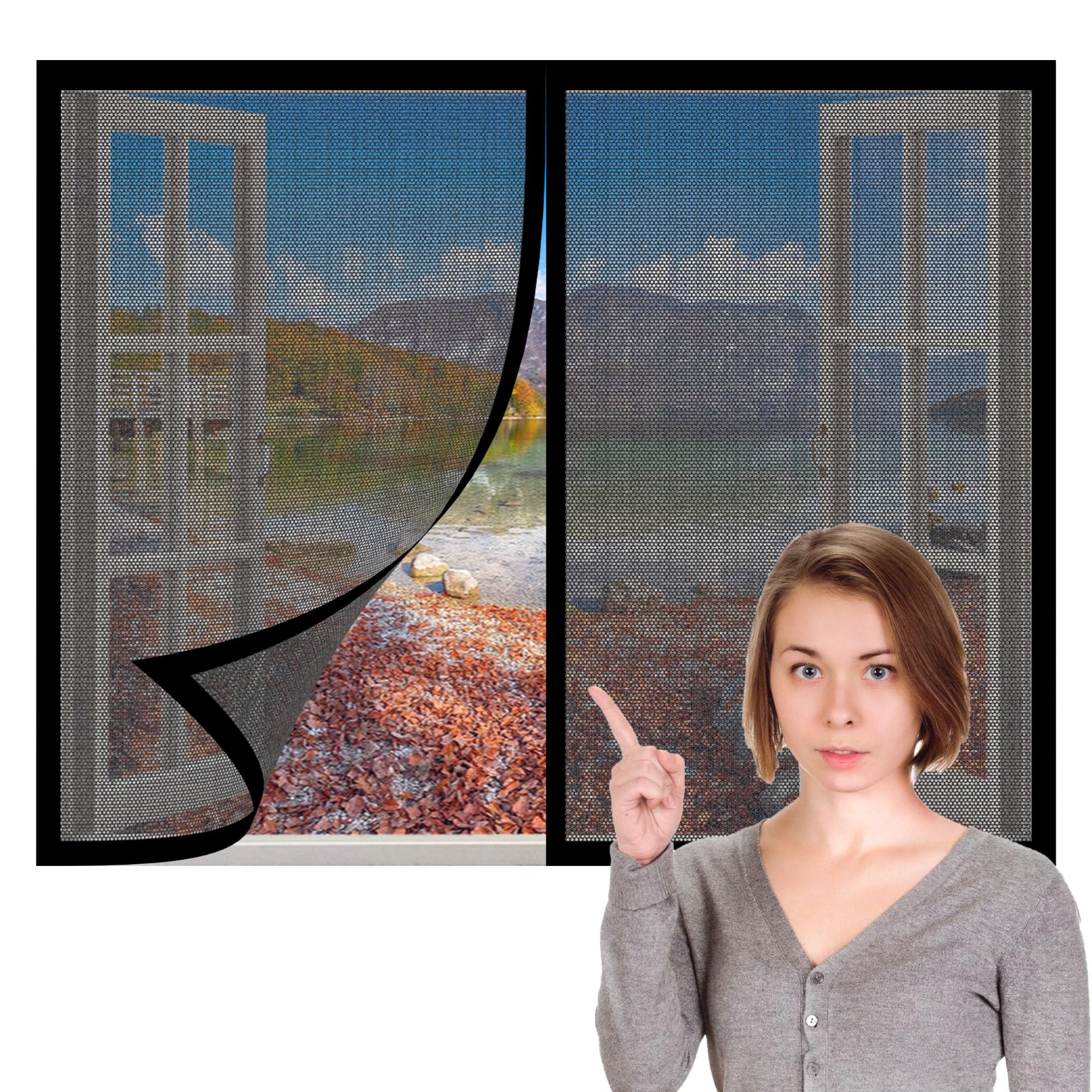 Window Fly Screen 175 x 130 cm with Selfadhesive Bug Net for Windows Without Drilling Or Screwing with Self Adhesive Tape for Living Room Bedroom Offfice, Black