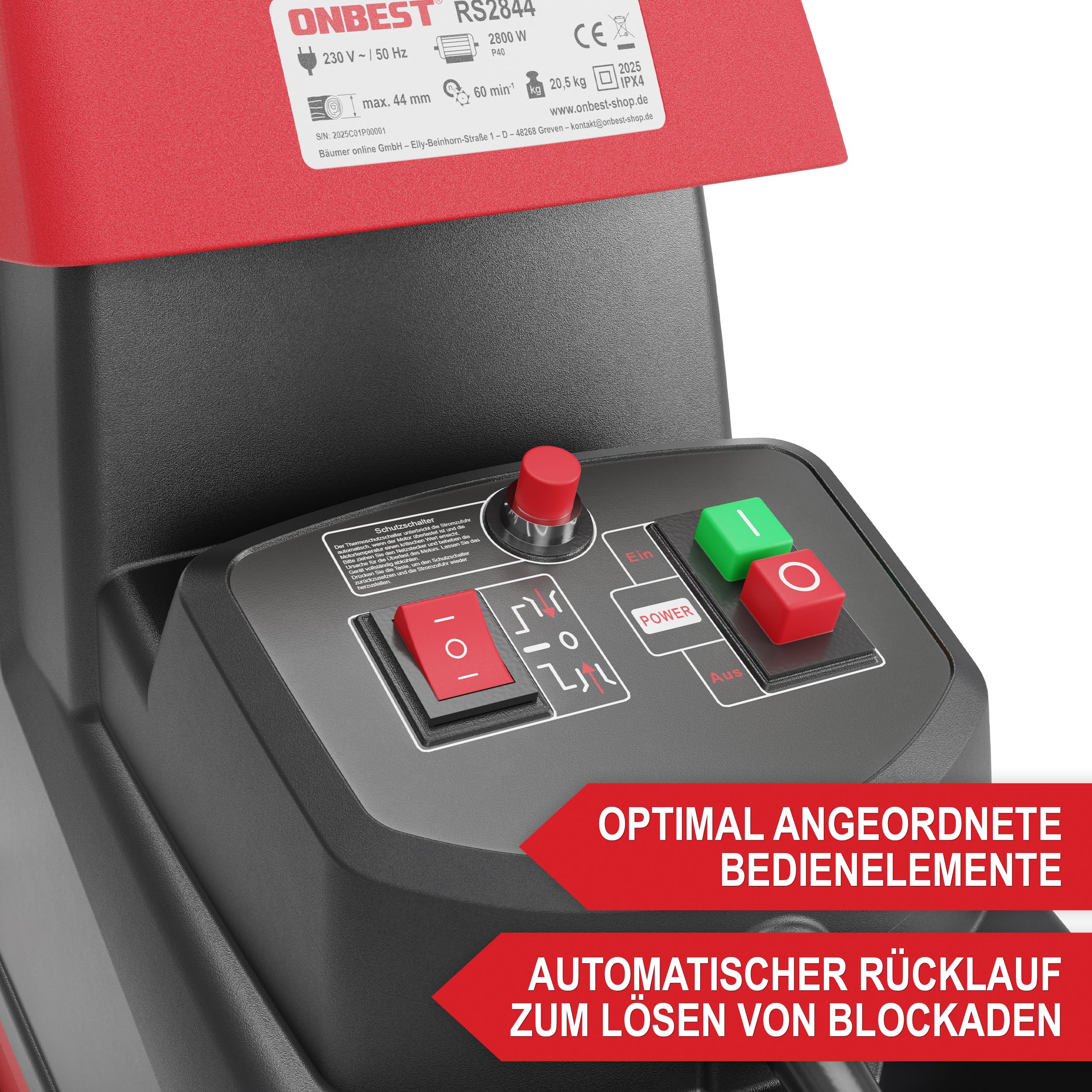 ONBEST Häcksler Garten – 2800 Watt Motor – 44 mm Schnittkapazität – 60 Liter Auffangbox – Selbsteinzug – Rücklauffunktion – inkl. Nachstopfer – Elektro Gartenhäcksler – Leisehäcksler für Holz