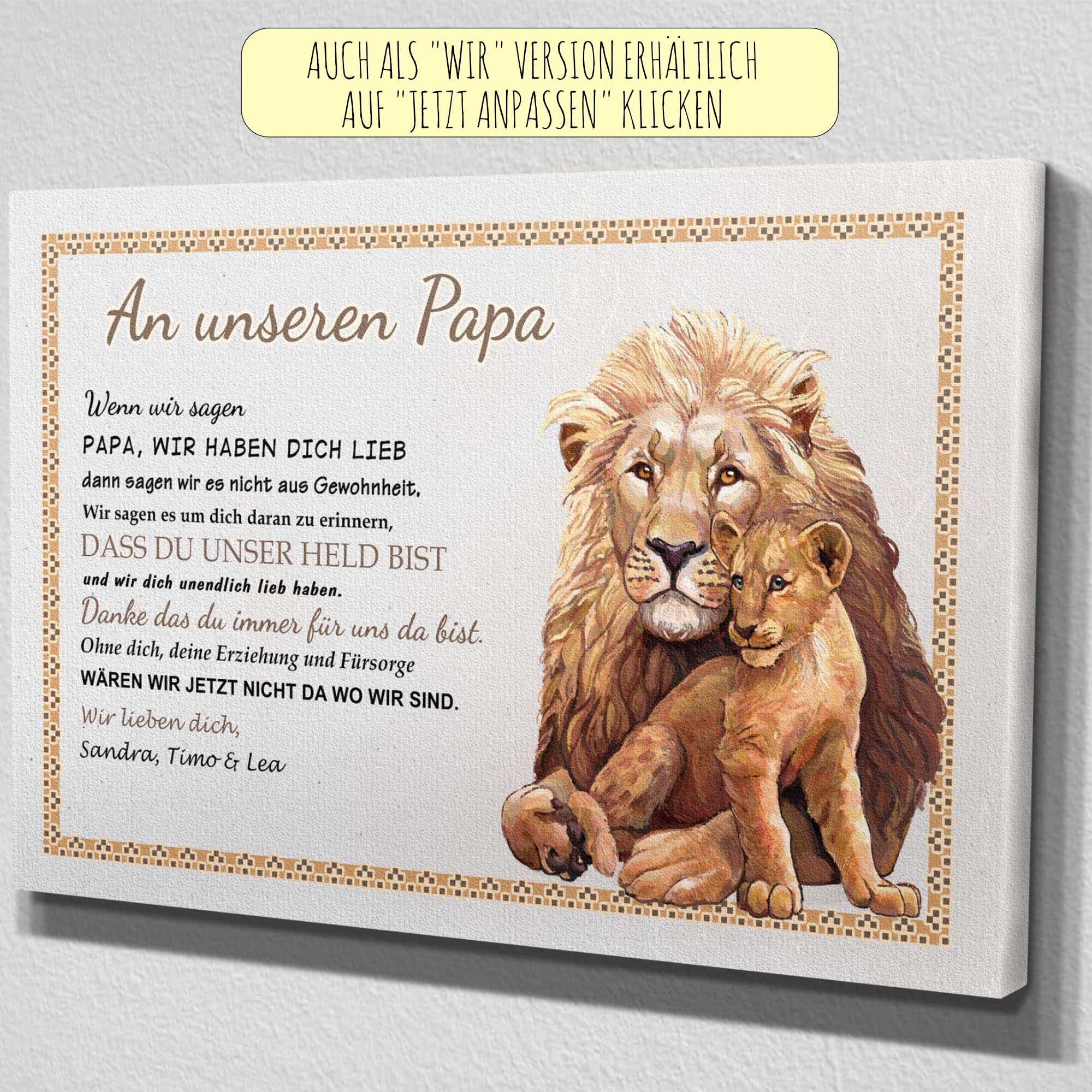 Deutsam Tela personalizzata con scritta in lingua tedesca "An my Papa Leone Regalo per la festa del papà, San Valentino per papà compleanno