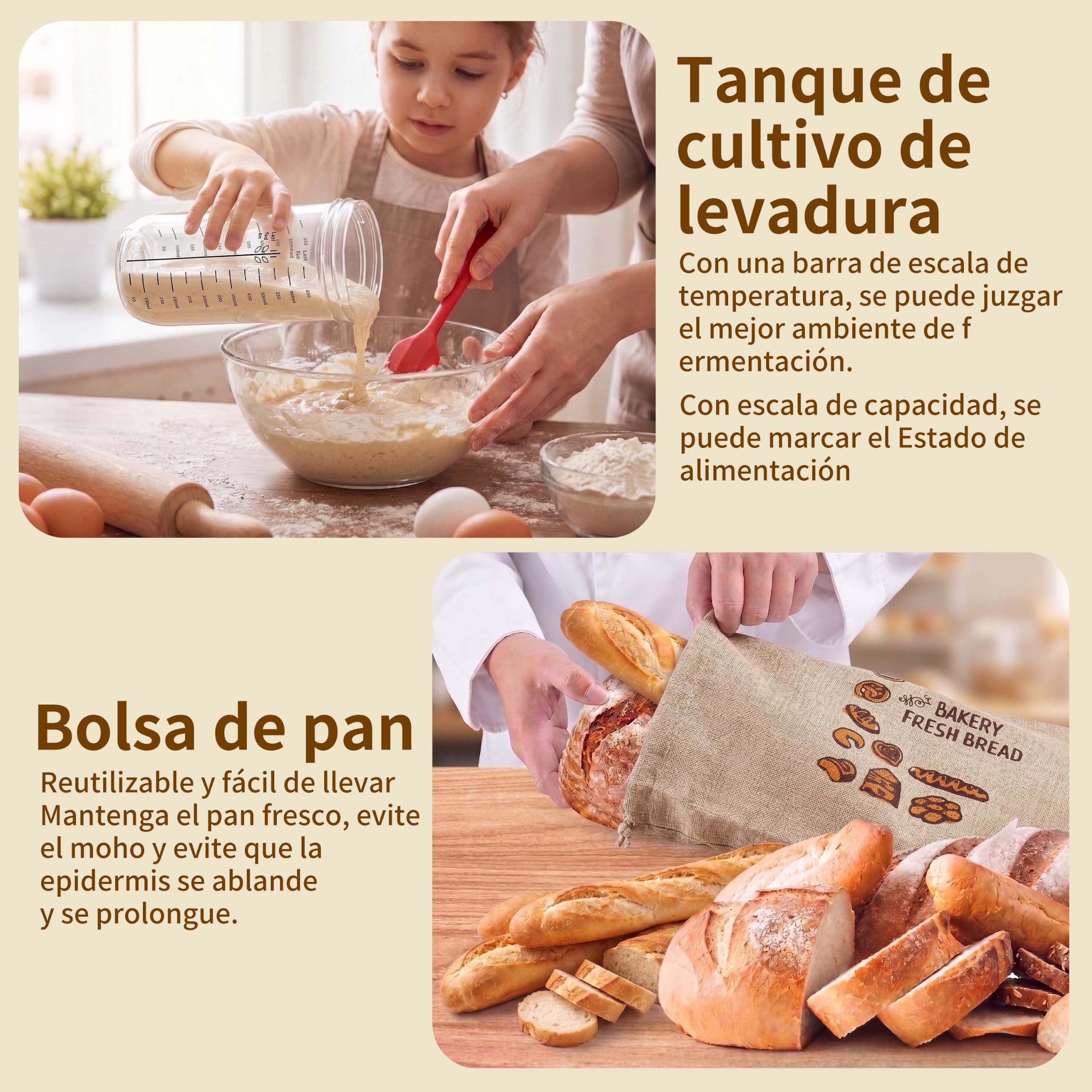 Kit Completo de Inicio de Masa Madre 11 Piezas, Cesta Oval de Ratán Artesanal, Tarro y Accesorios para Hacer Pan