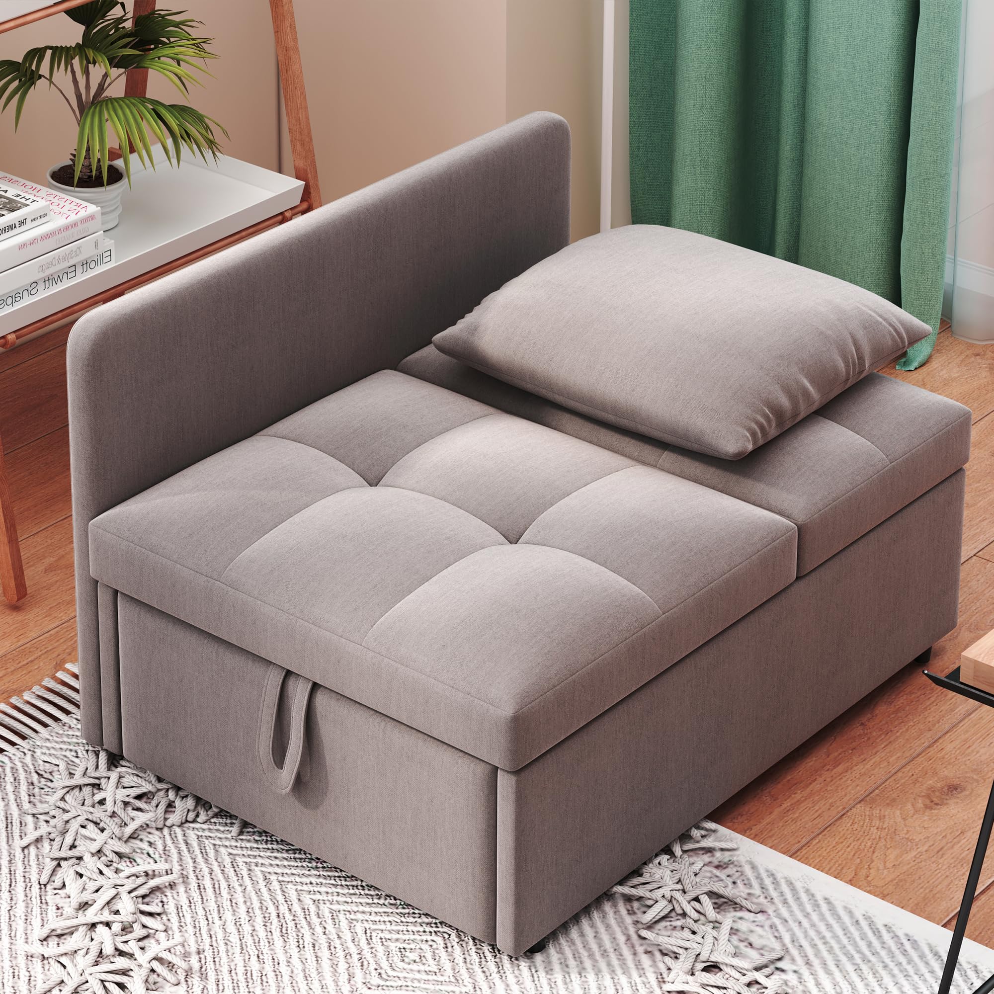 3-in-1-Schlafsofa mit Schlaffunktion, Klappsofa, Sofa Hocker, 5-Fach verstellbare Rückenlehne, Leinenstoffsofa, Schlafsessel für Wohnzimmer & Gästezimmer. (Grau A)
