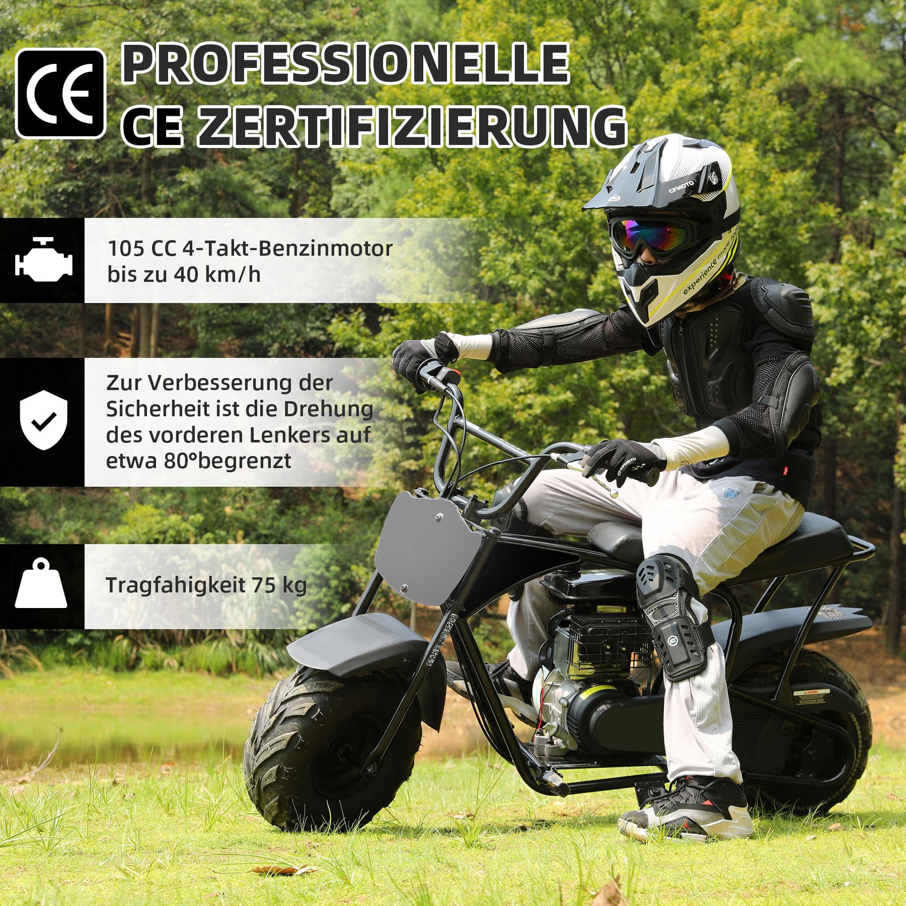 Oryxearth 105CC 4-Takt Dirt Bike Pocket Bike, Kinder Crossbike Benzin, Breitreifen Offroad Rad, Kinder DirtBike, Motocross Motorrad, DIY-Aufkleber Mini Motorrad ab 13 Jahre (Schwarz)