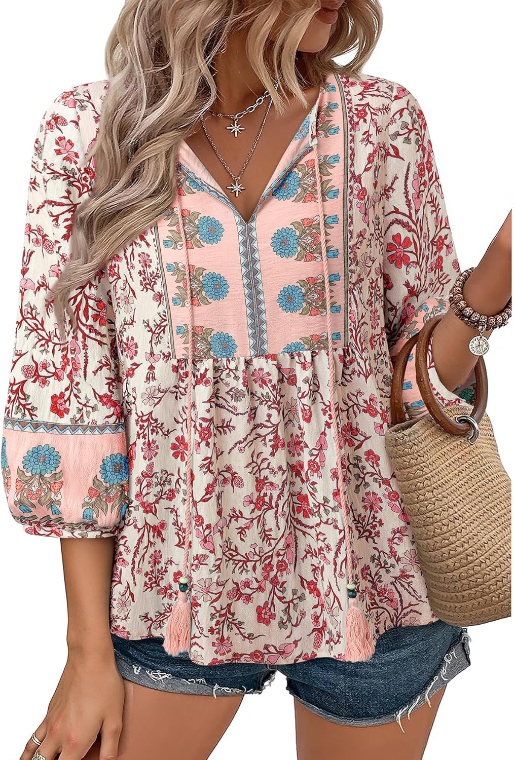 Vivilli Womens Summer Boho Babydoll Tops 3/4 Sleeve Pleated Peplum Blouses Casual V Neck Tie Front 2026 Tunic Tops - Image 2